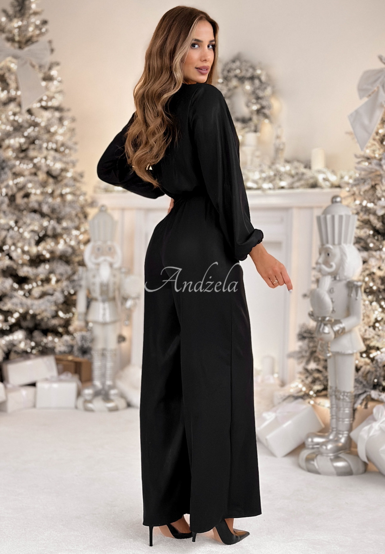 Langer, glänzender Overall mit Viskose Mistletoe &amp; Wine Schwarz