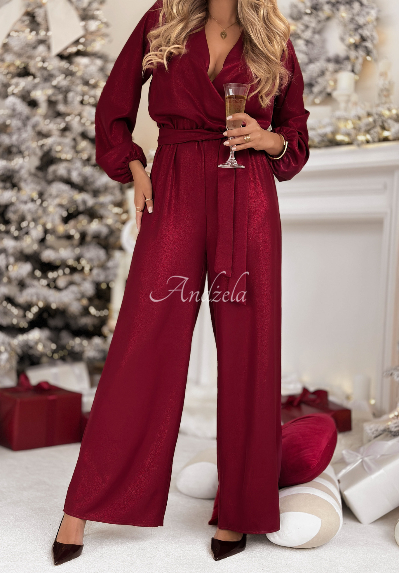 Langer, glänzender Overall mit Viskose Mistletoe &amp; Wine Burgunderrot