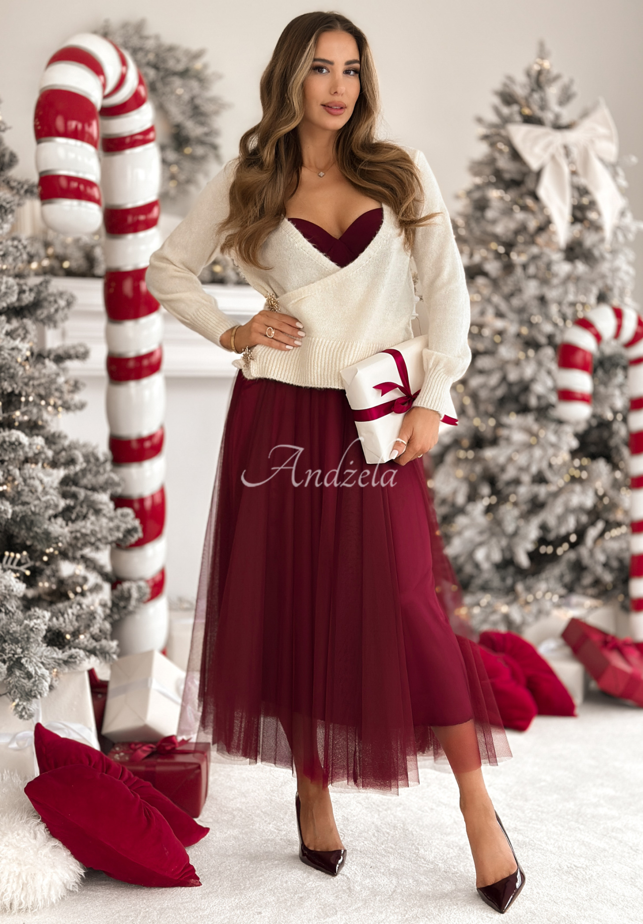 Wickelpullover mit Wolle und Alpaka Winter Letters Ecru