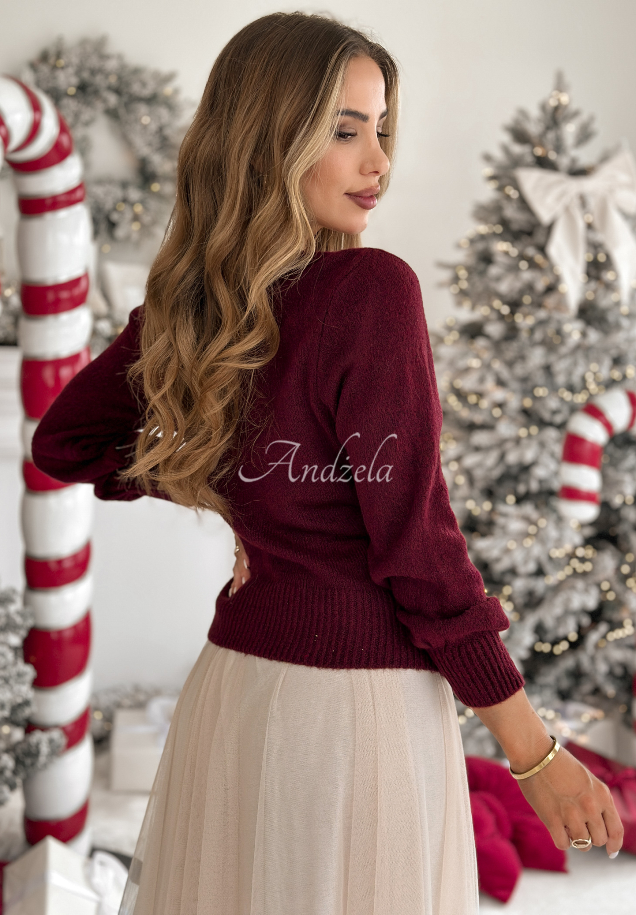 Wickelpullover mit Wolle und Alpaka Winter Letters Burgunderrot