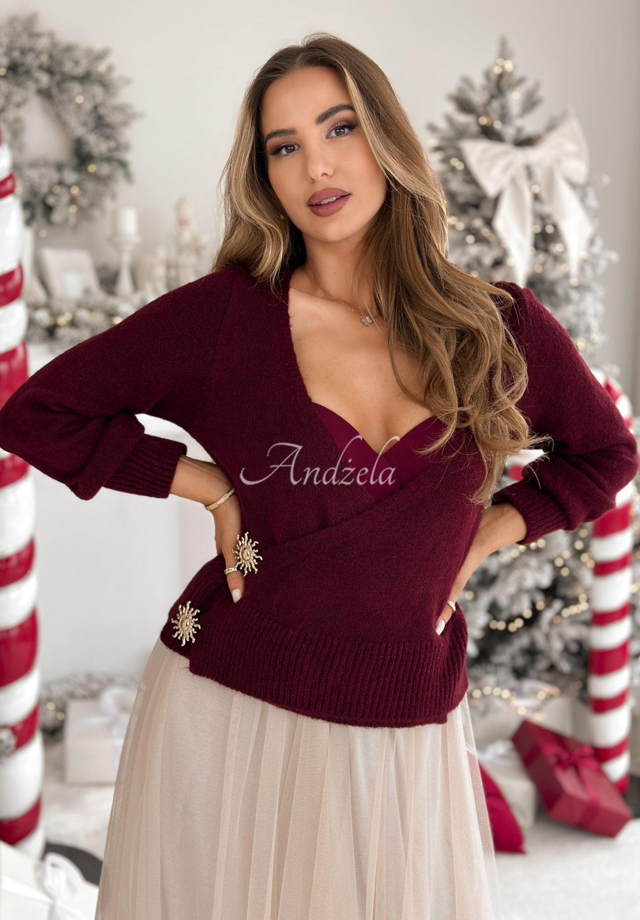 Wickelpullover mit Wolle und Alpaka Winter Letters Burgunderrot