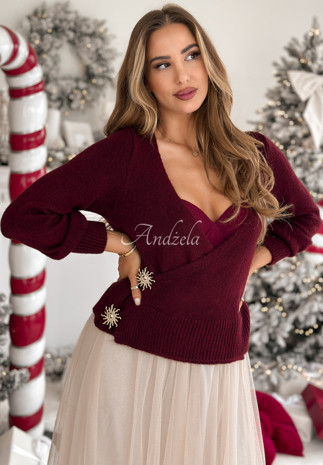 Wickelpullover mit Wolle und Alpaka Winter Letters Burgunderrot