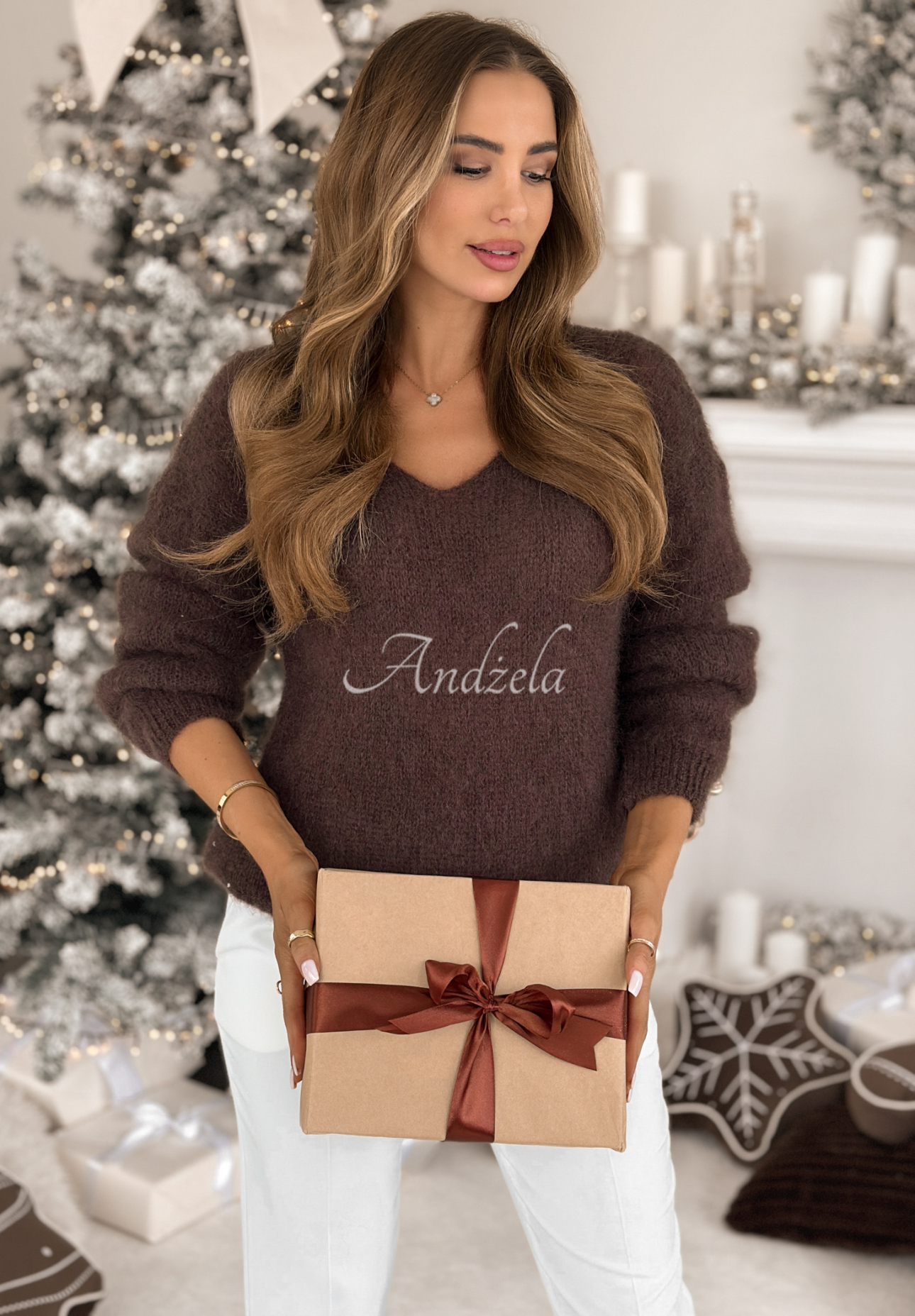 Mohairpullover mit V-Ausschnitt Sweater Soul Schokoladenbraun