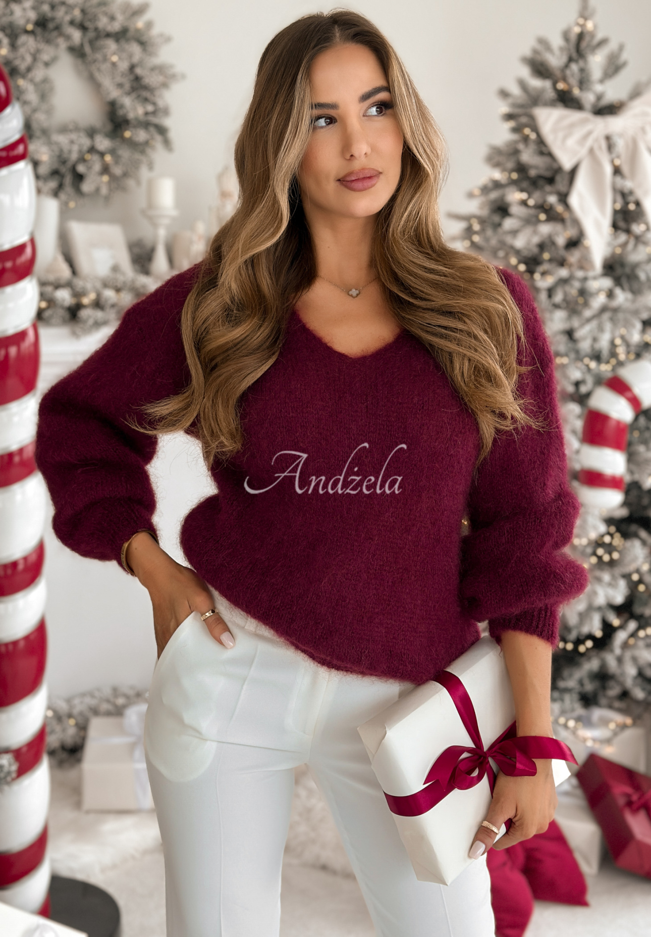 Mohairpullover mit V-Ausschnitt Sweater Soul Burgunderrot