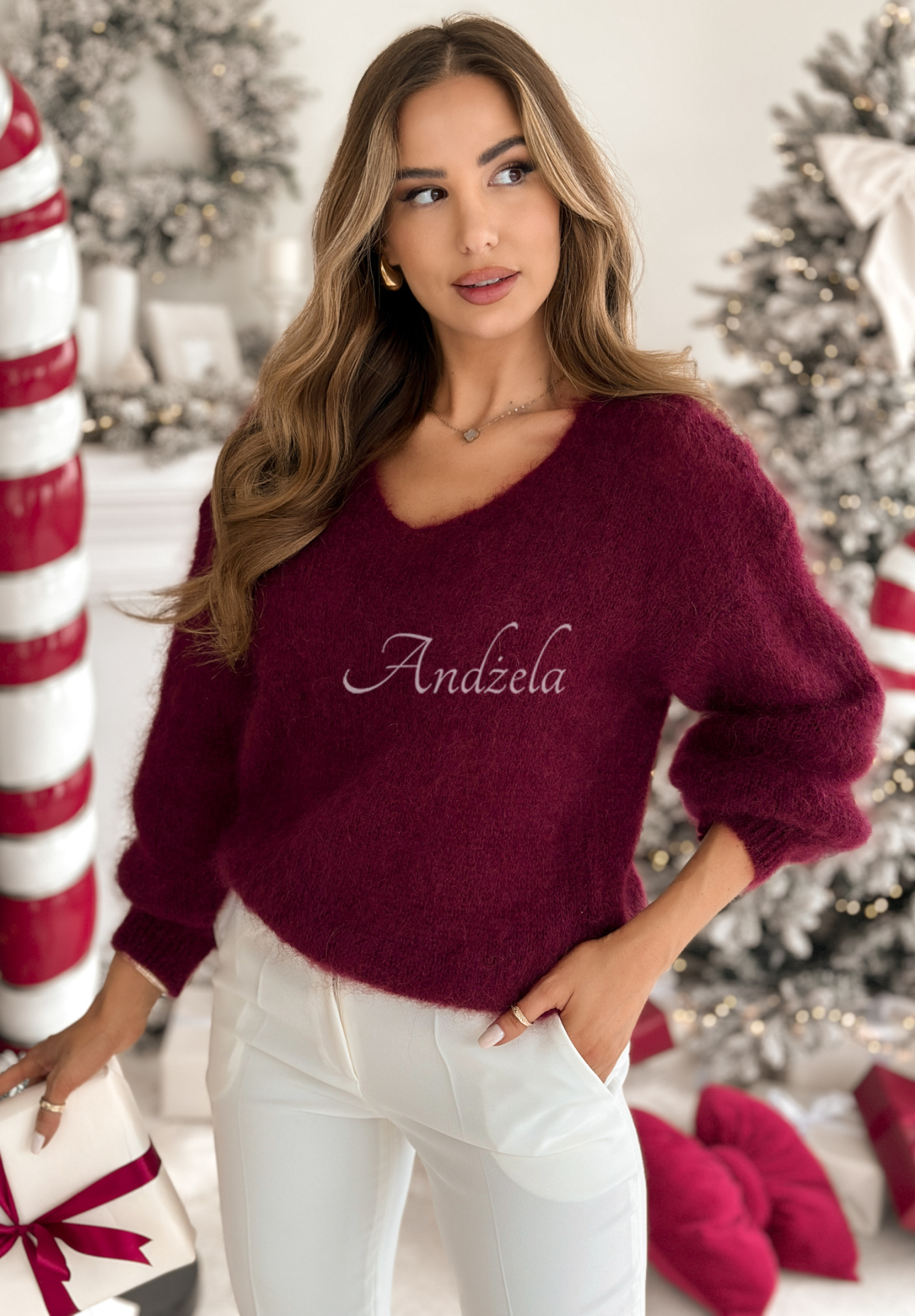Mohairpullover mit V-Ausschnitt Sweater Soul Burgunderrot