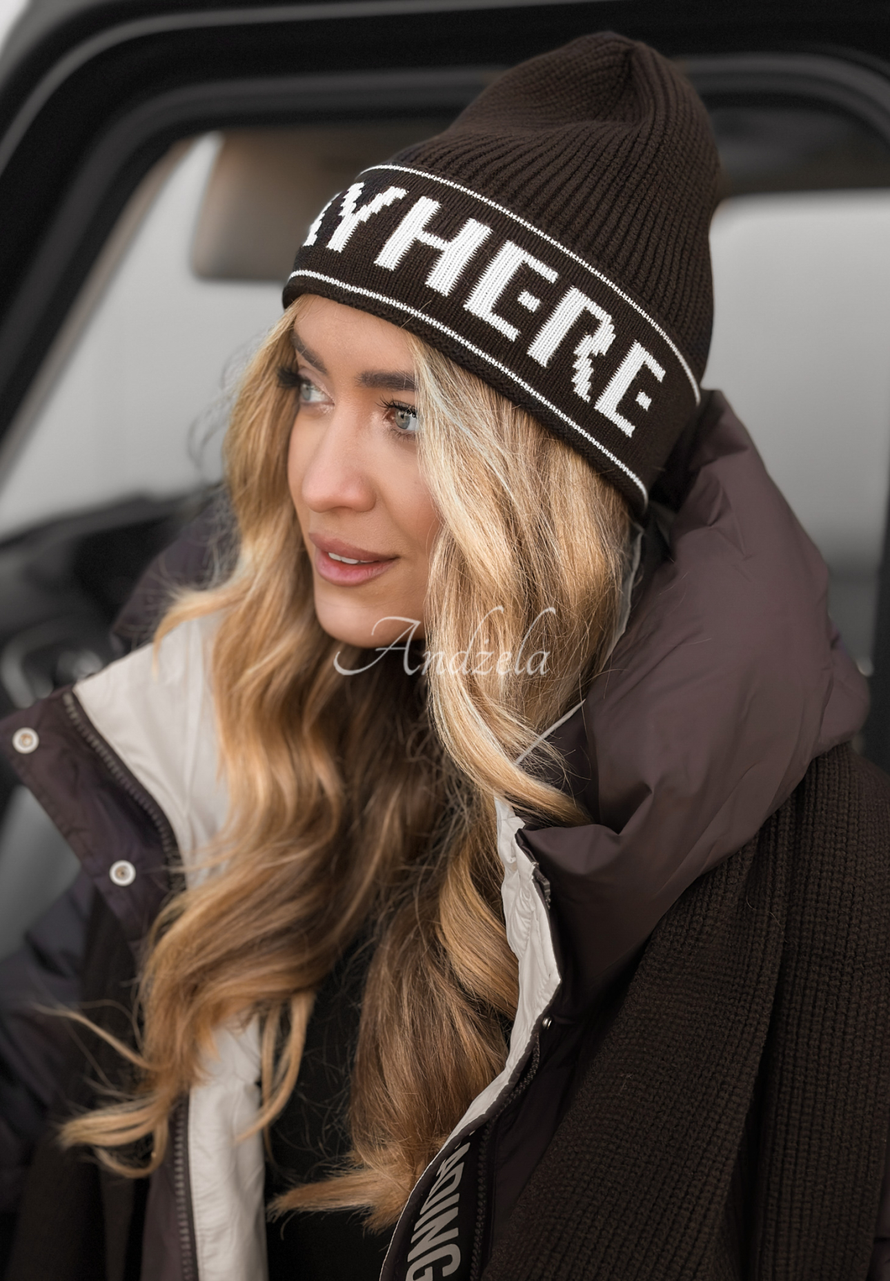 Mütze und Schal-Set aus Viskose mit Wolle Stay Here Winter Schokoladenbraun