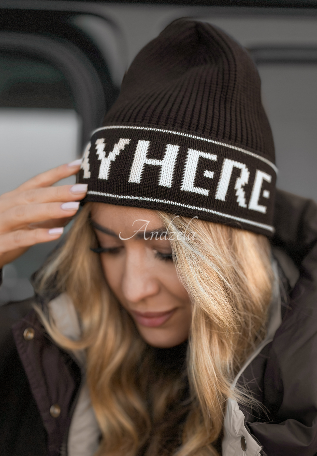 Mütze und Schal-Set aus Viskose mit Wolle Stay Here Winter Schokoladenbraun