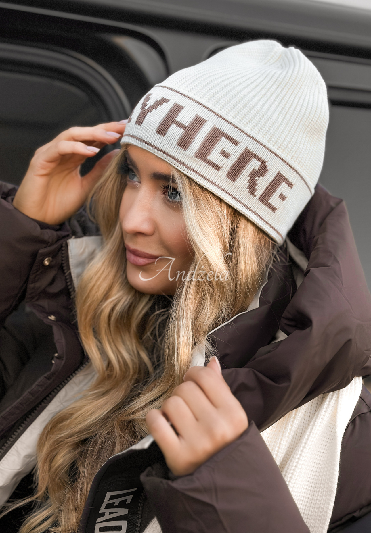 Mütze und Schal-Set aus Viskose mit Wolle Stay Here Winter Ecru