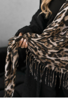 Tuch z frędzlami w panterkę Wild Cold Beige-Schwarz