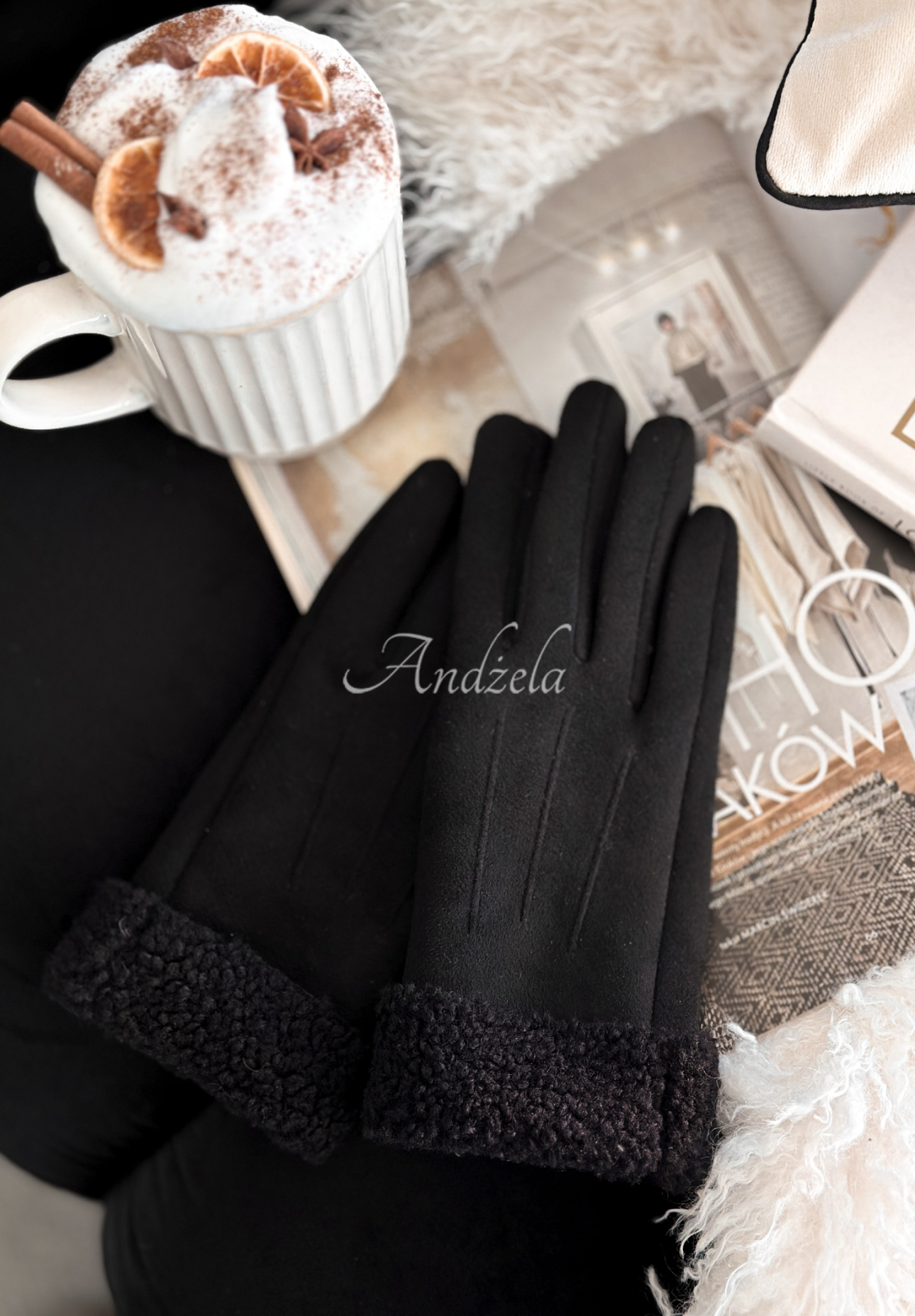 Wildlederhandschuhe mit Schaffellfutter Frozen Hours Schwarz