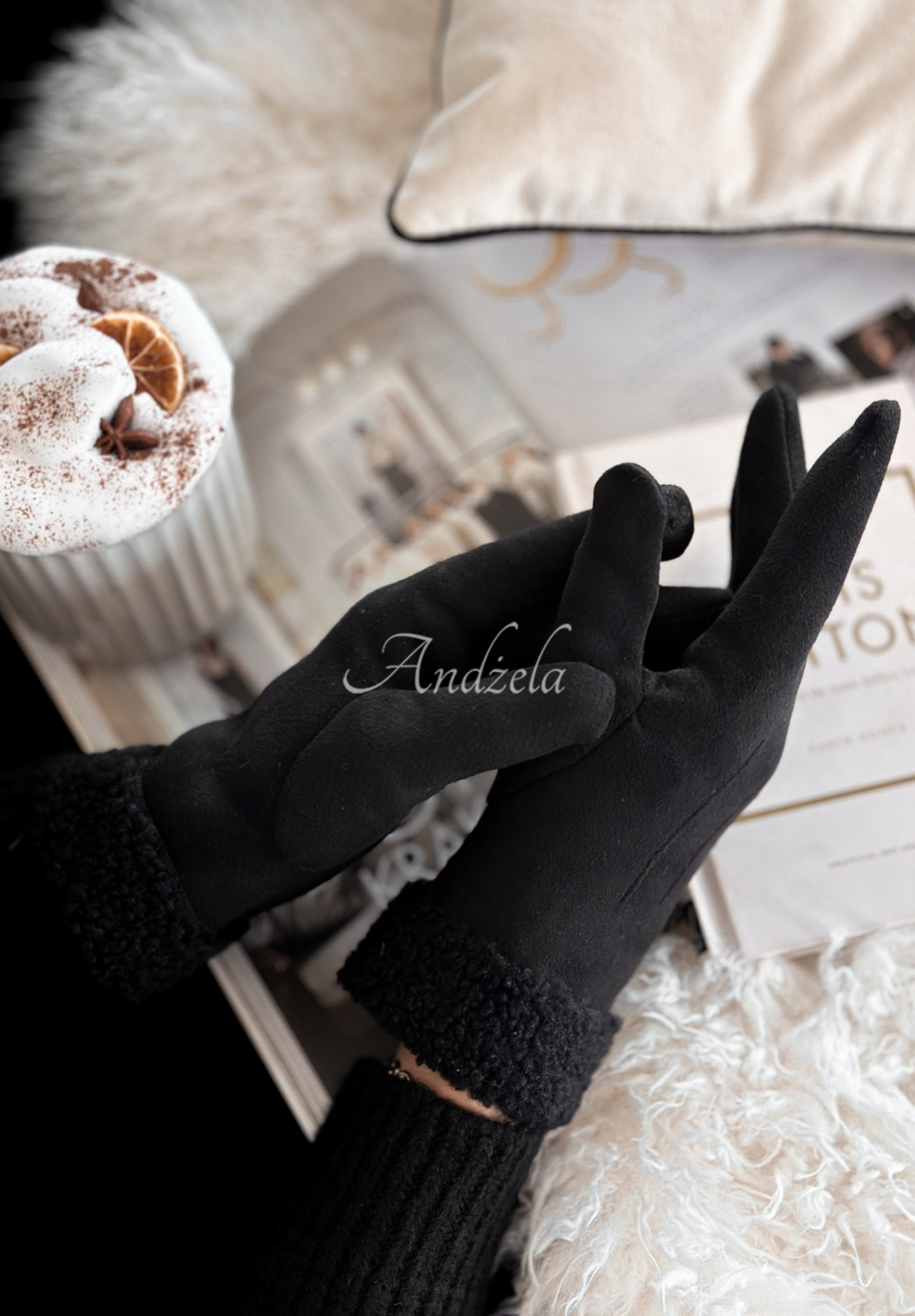 Wildlederhandschuhe mit Schaffellfutter Frozen Hours Schwarz