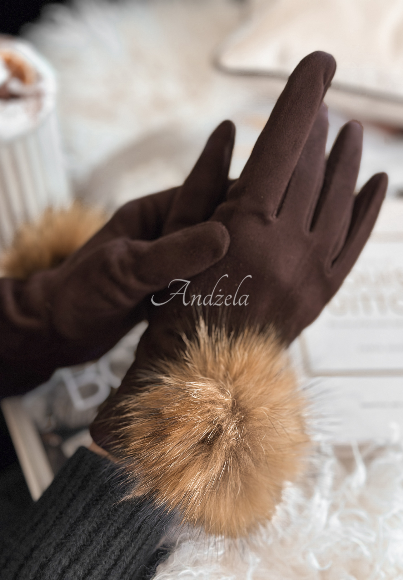 Handschuhe aus Wildlederimitat Fluffy Schokoladenbraun