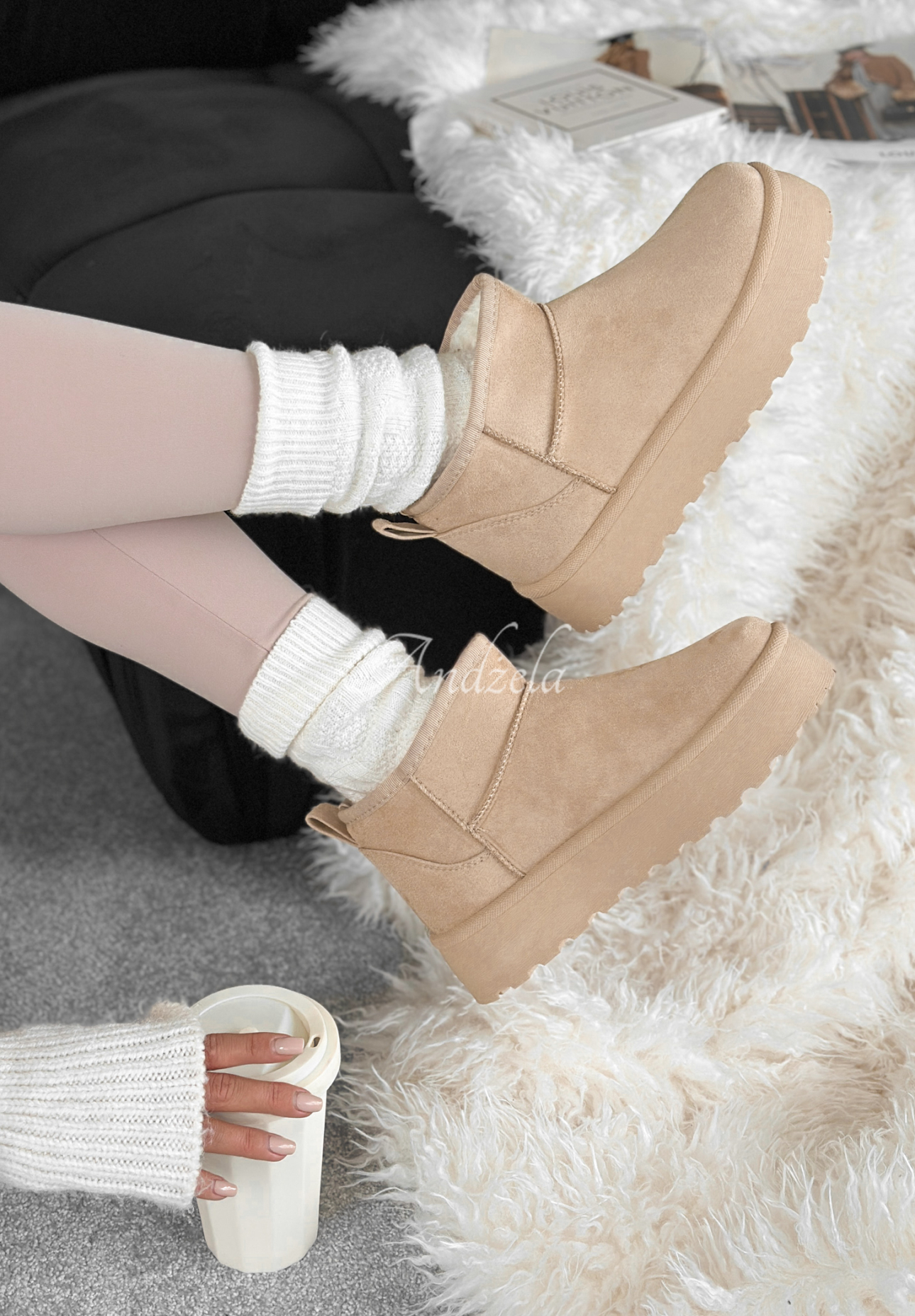 Stiefeletten aus Velourslederimitat Crunchy Snow Beige
