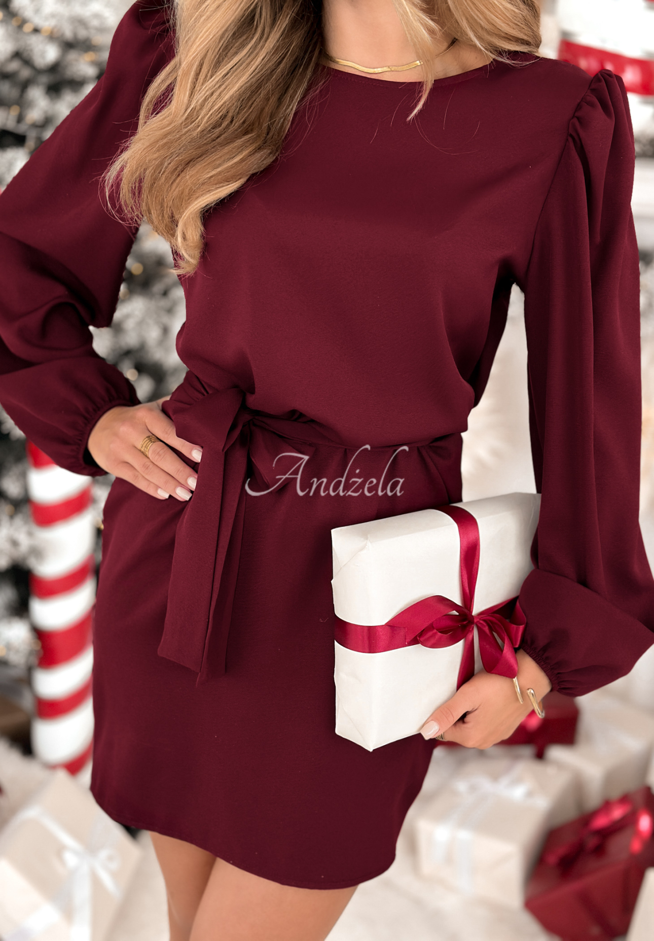 Kleid mit Puffärmeln und Gürtel Crazy About You Burgunderrot