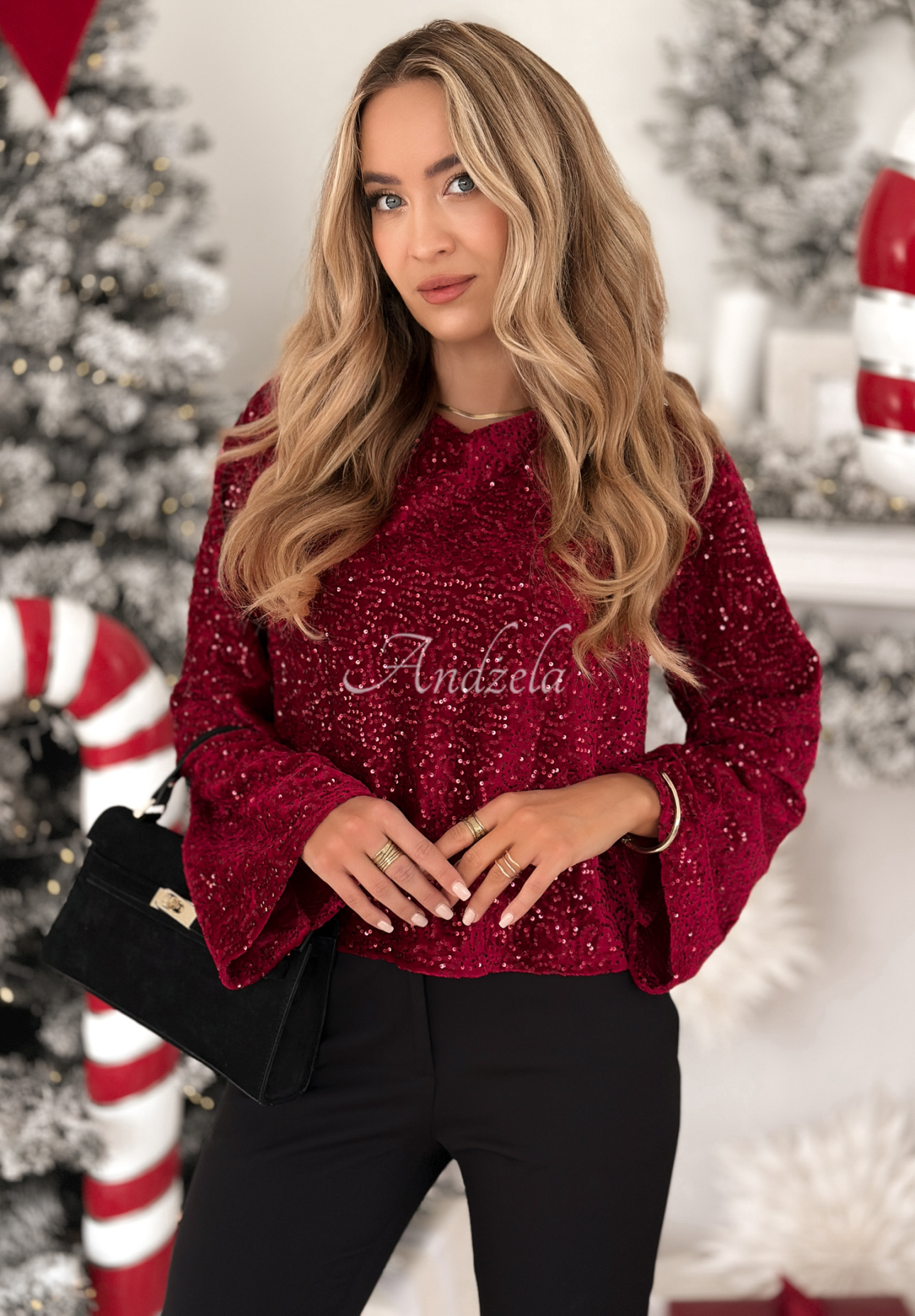 Pailletten-longsleeve Bluse The Mistletoe Lady Burgunderrot
