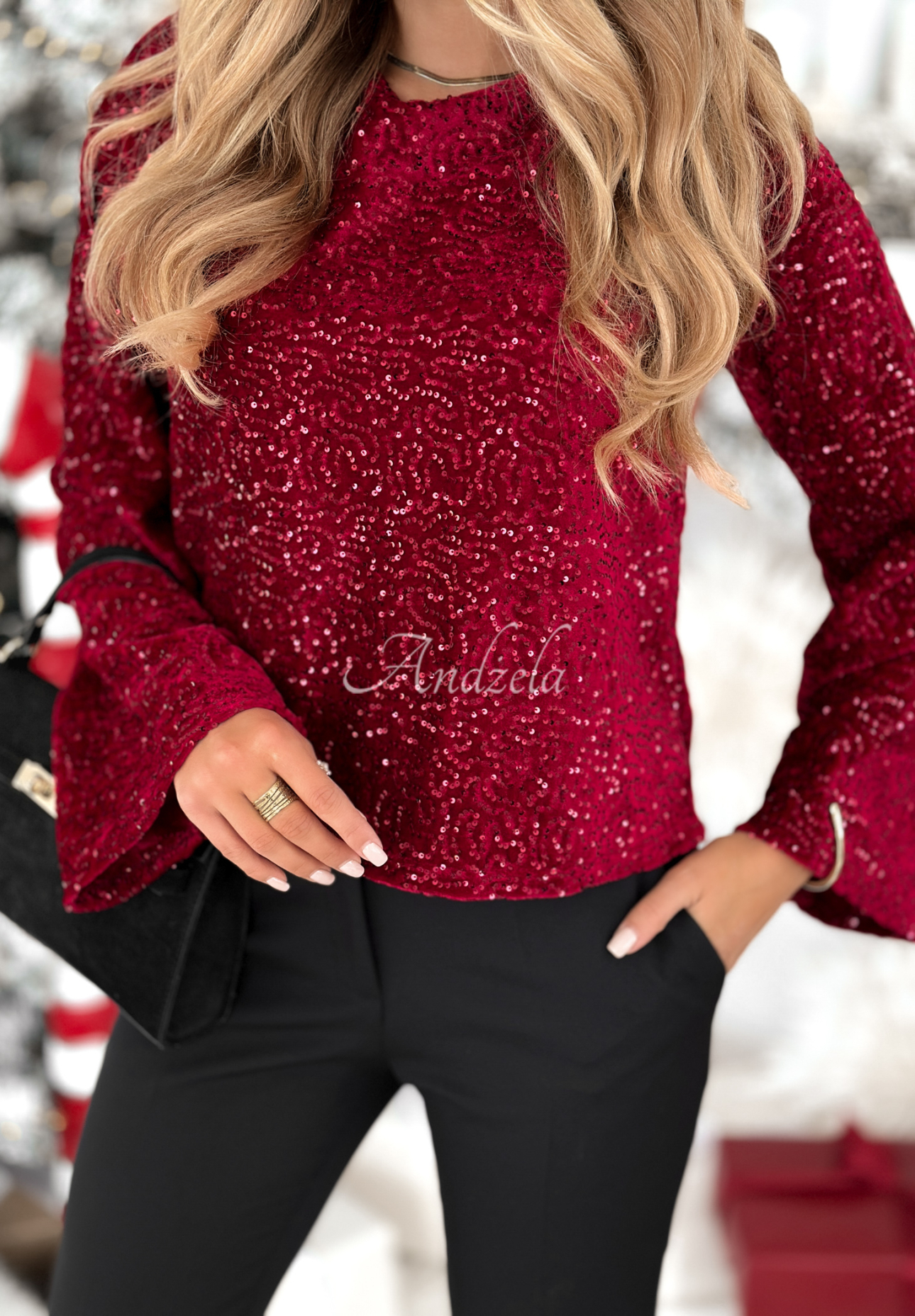 Pailletten-longsleeve Bluse The Mistletoe Lady Burgunderrot