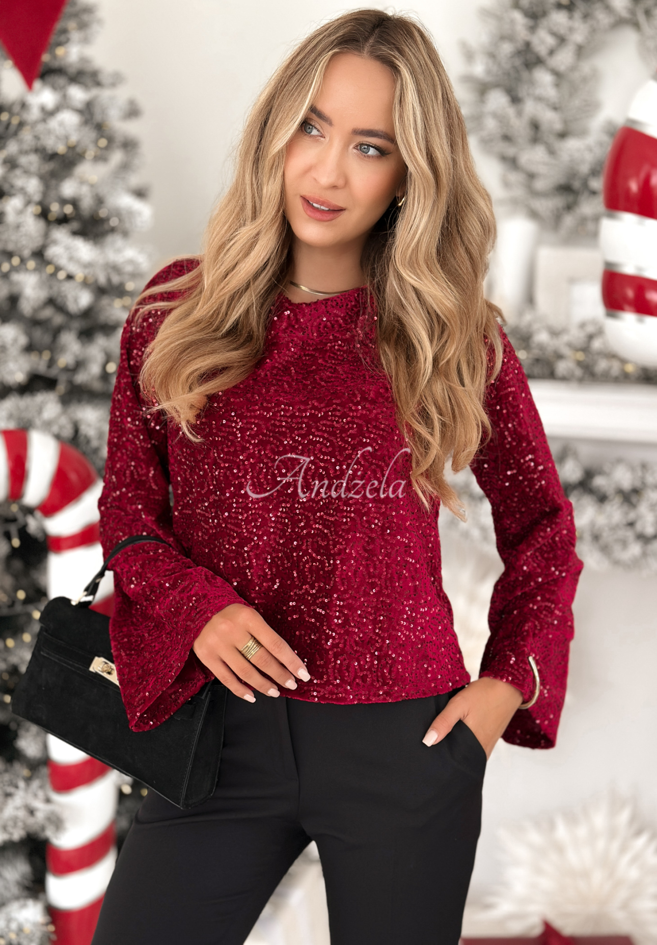 Pailletten-longsleeve Bluse The Mistletoe Lady Burgunderrot