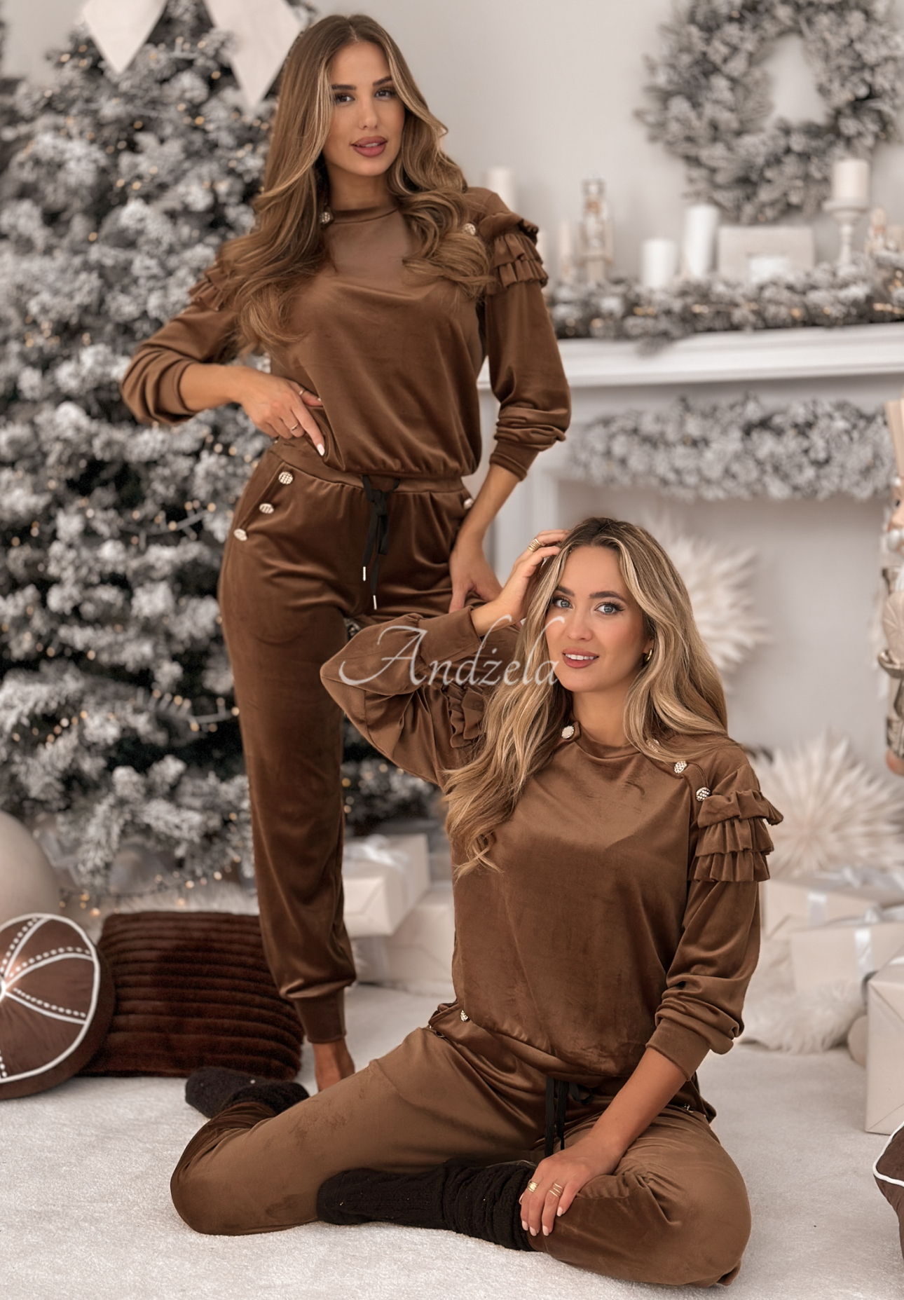 Velours-Trainingsanzug mit Rüschen Just Two Of Us Schokoladenbraun