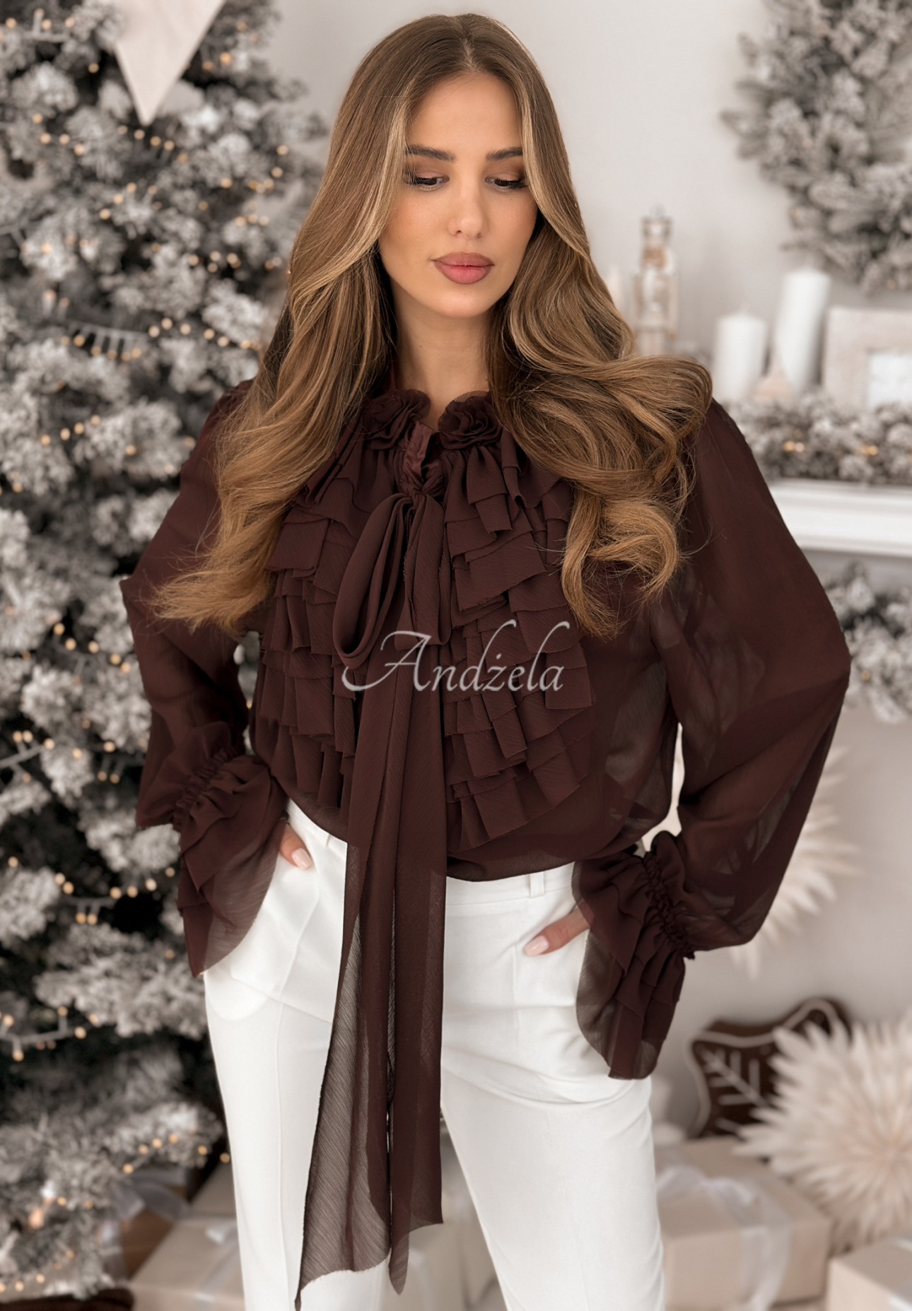 Viskosehemd mit Rüschen und Bindung Miss Delicacy Schokoladenbraun