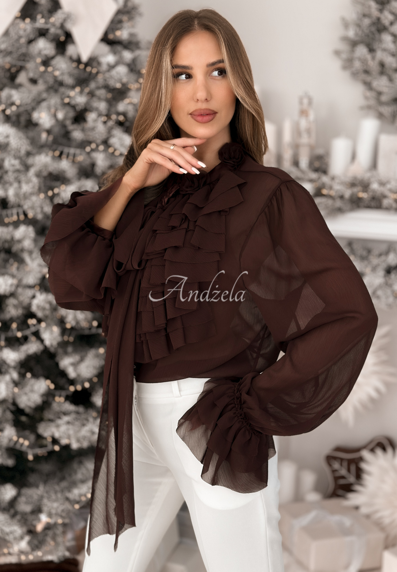 Viskosehemd mit Rüschen und Bindung Miss Delicacy Schokoladenbraun