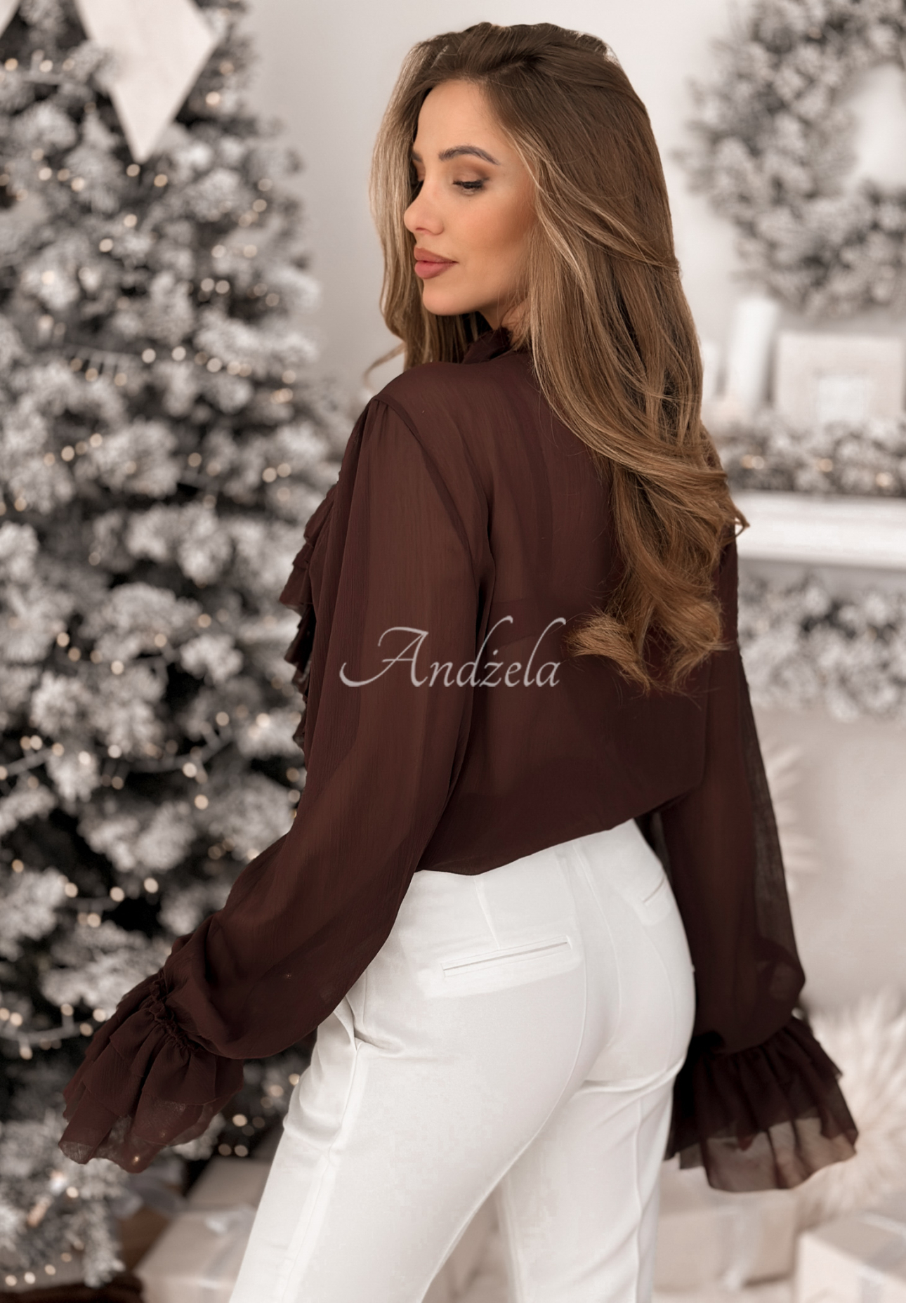 Viskosehemd mit Rüschen und Bindung Miss Delicacy Schokoladenbraun