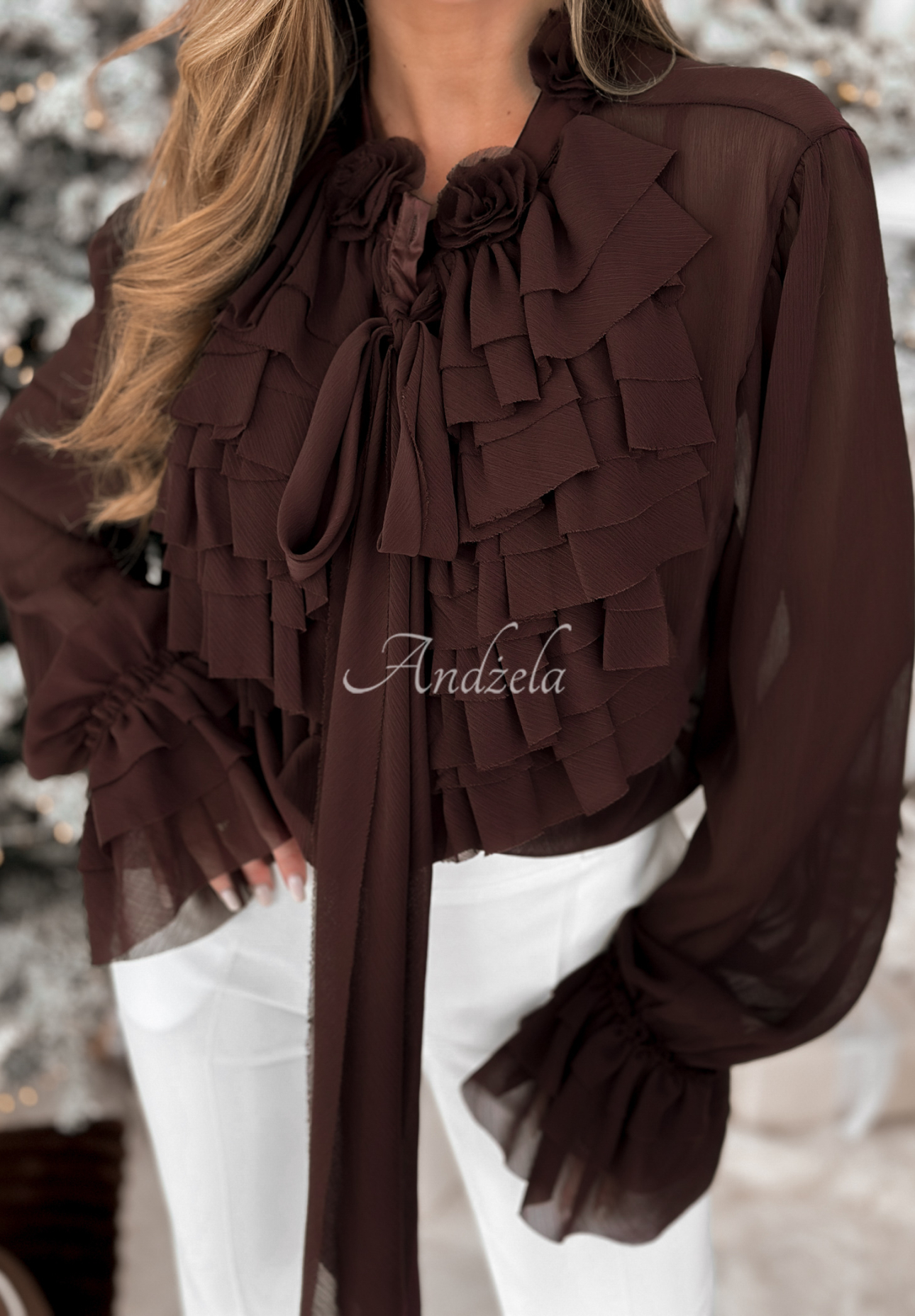 Viskosehemd mit Rüschen und Bindung Miss Delicacy Schokoladenbraun