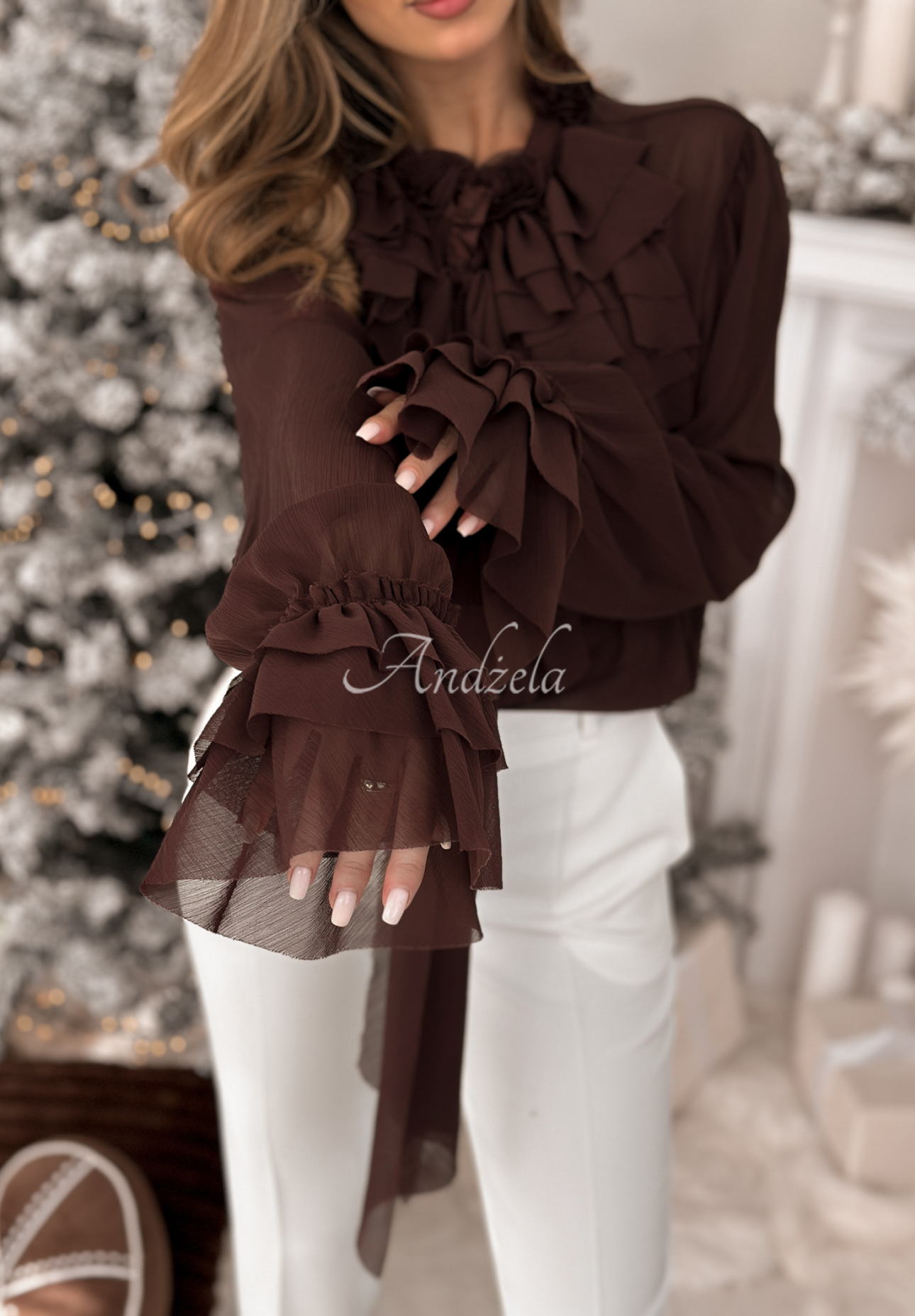 Viskosehemd mit Rüschen und Bindung Miss Delicacy Schokoladenbraun