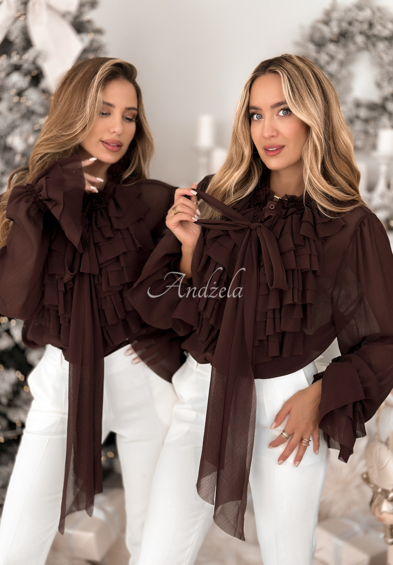 Viskosehemd mit Rüschen und Bindung Miss Delicacy Schokoladenbraun