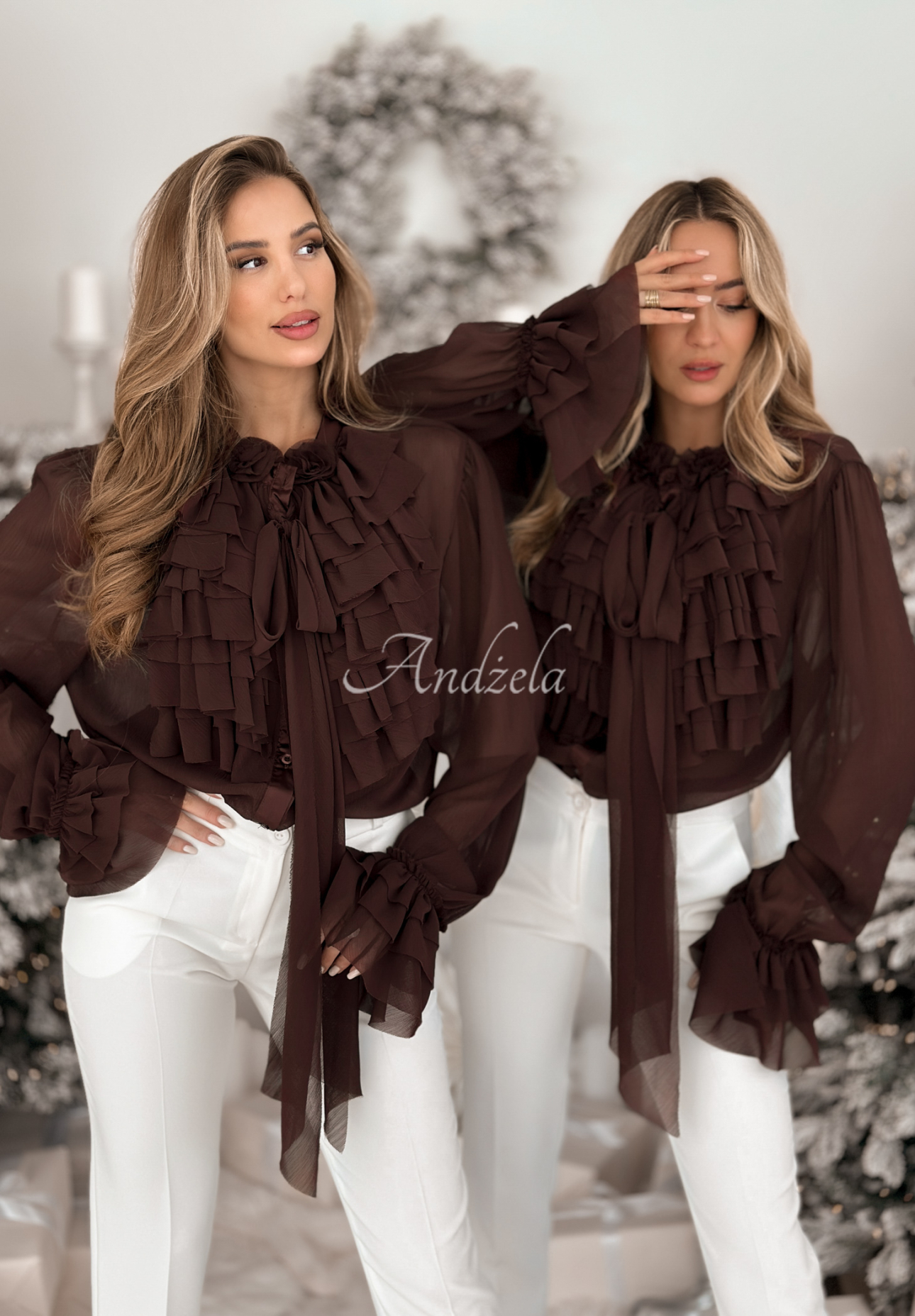 Viskosehemd mit Rüschen und Bindung Miss Delicacy Schokoladenbraun