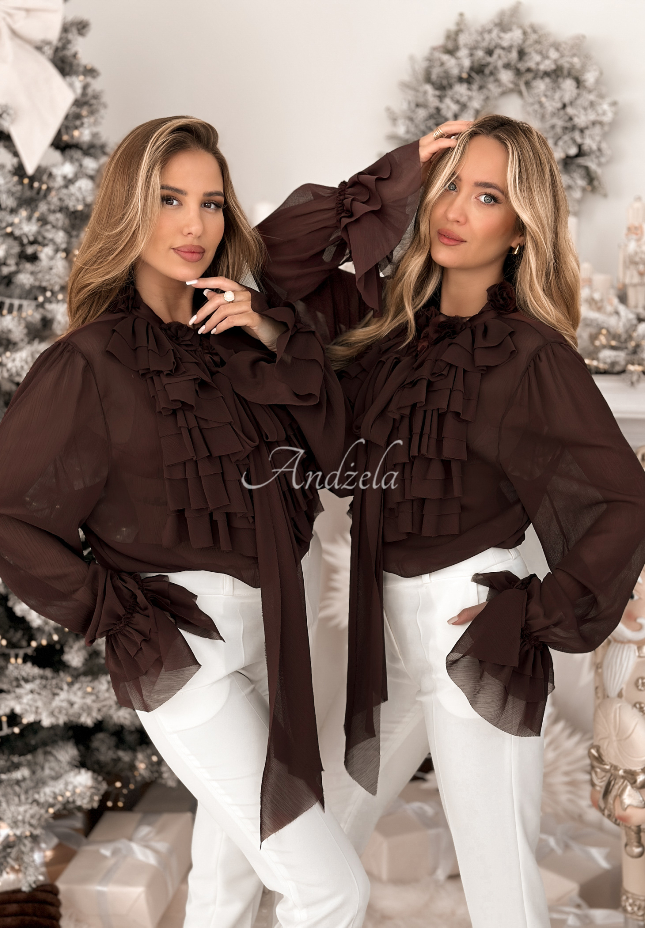 Viskosehemd mit Rüschen und Bindung Miss Delicacy Schokoladenbraun