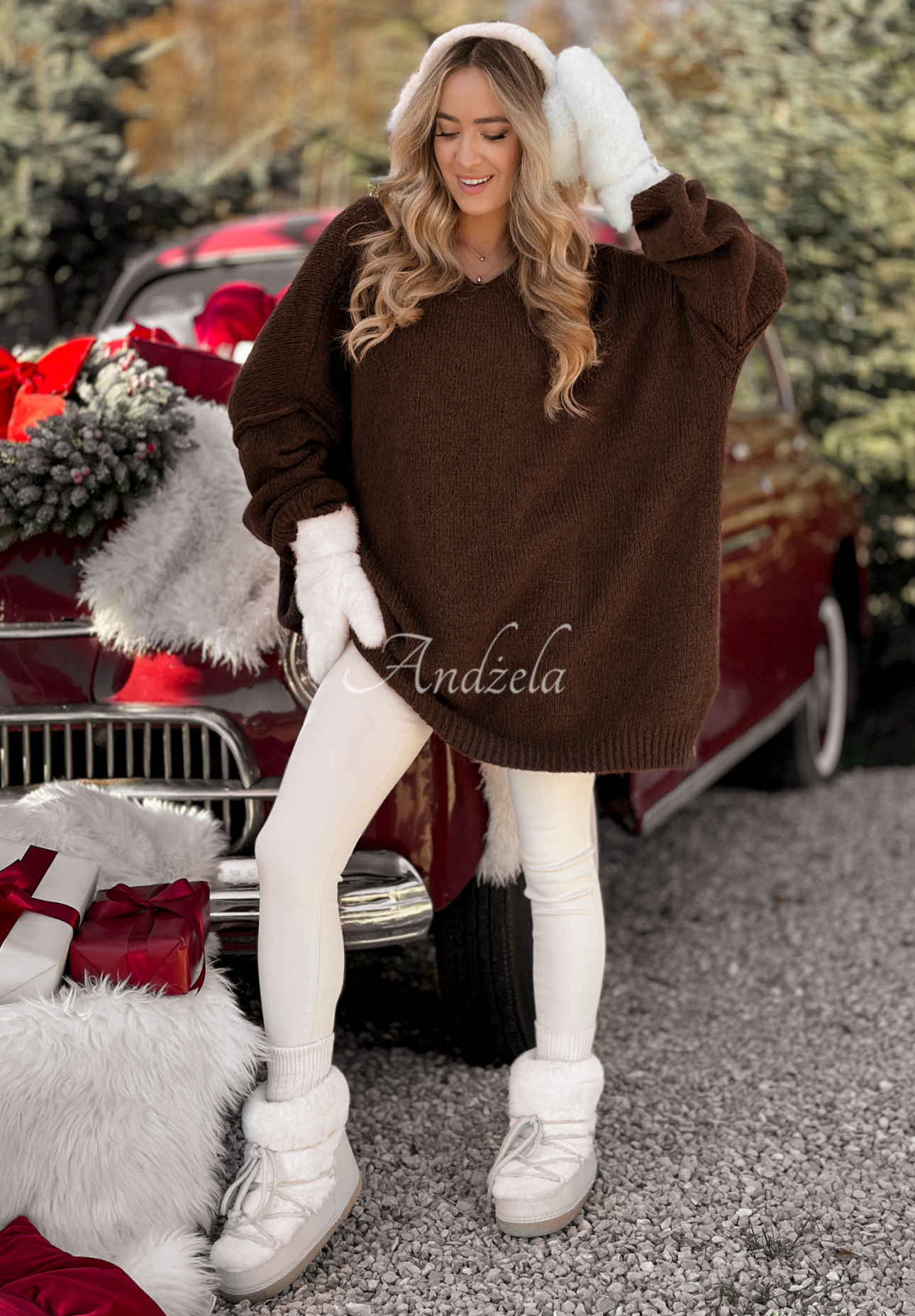 Langer Oversize-Tunika-Pullover mit Wolle und Viskose Cozy Weather Schokoladenbraun