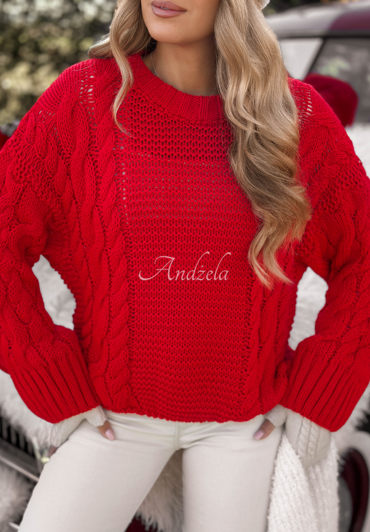 Dekorativ gestrickter Pullover Snuggle Weather Rot