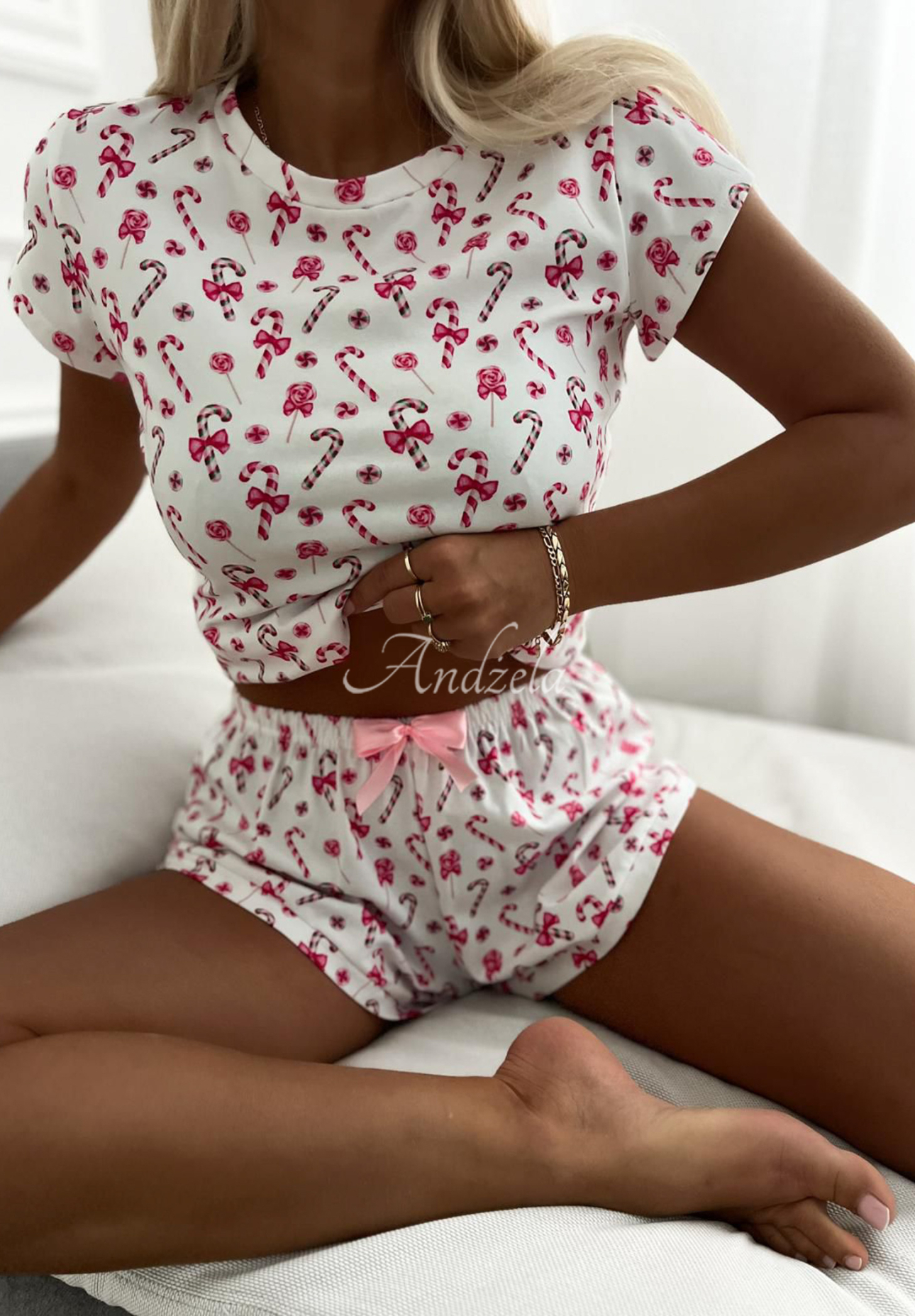 Kurzer Baumwoll-Pyjama Oberteil und Shorts mit Muster Candy Dreams Weiß