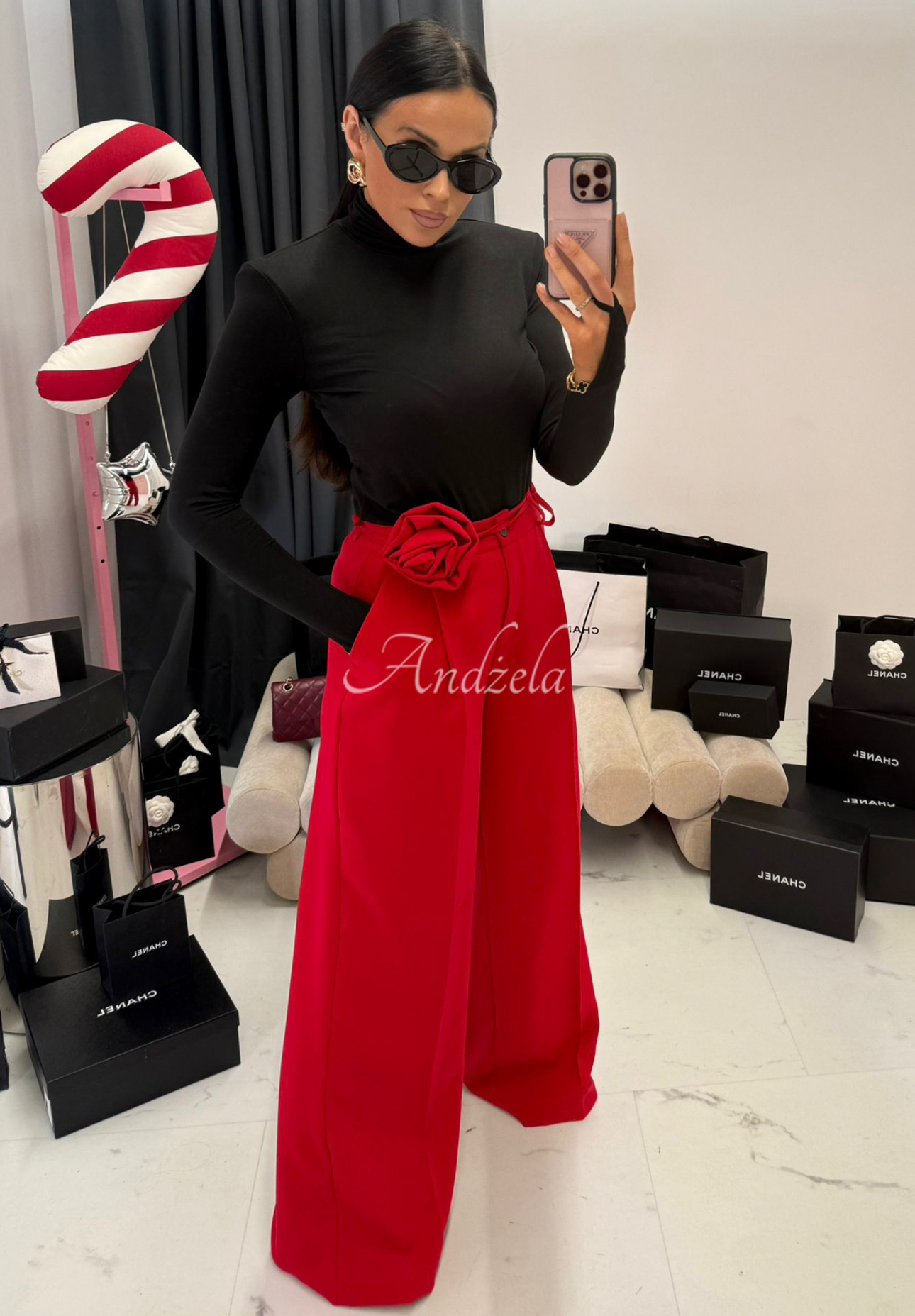 Viscose-Hose wide leg mit Blume La Milla Red Rose Rot