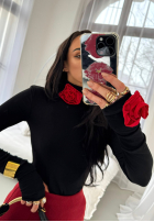 Bluse z golfem i różami La Milla Bouquet Of Roses Schwarz