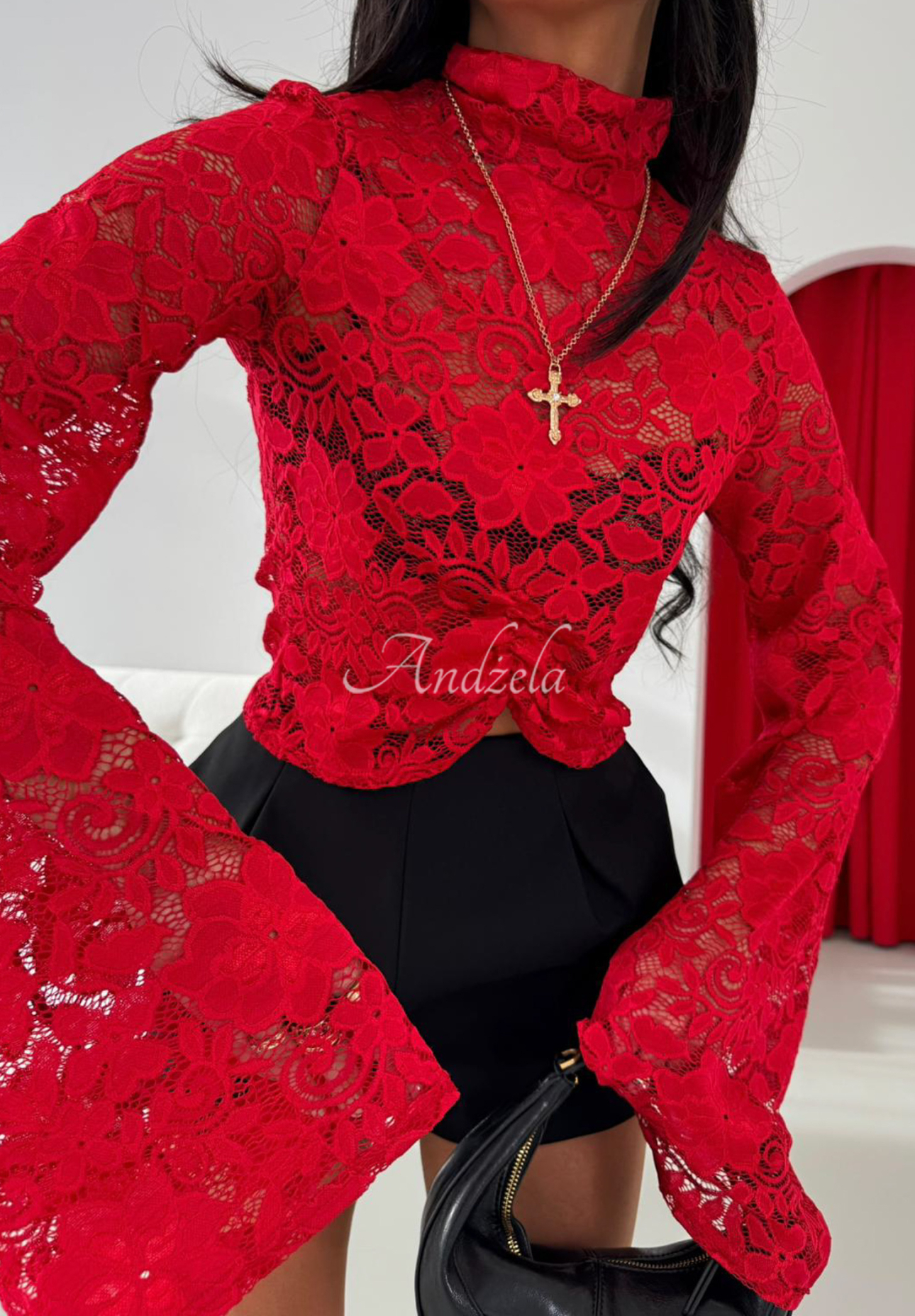 Spitzenbluse mit Stehkragen und weiten Ärmeln aus Viskose La Milla Why Not You Rot