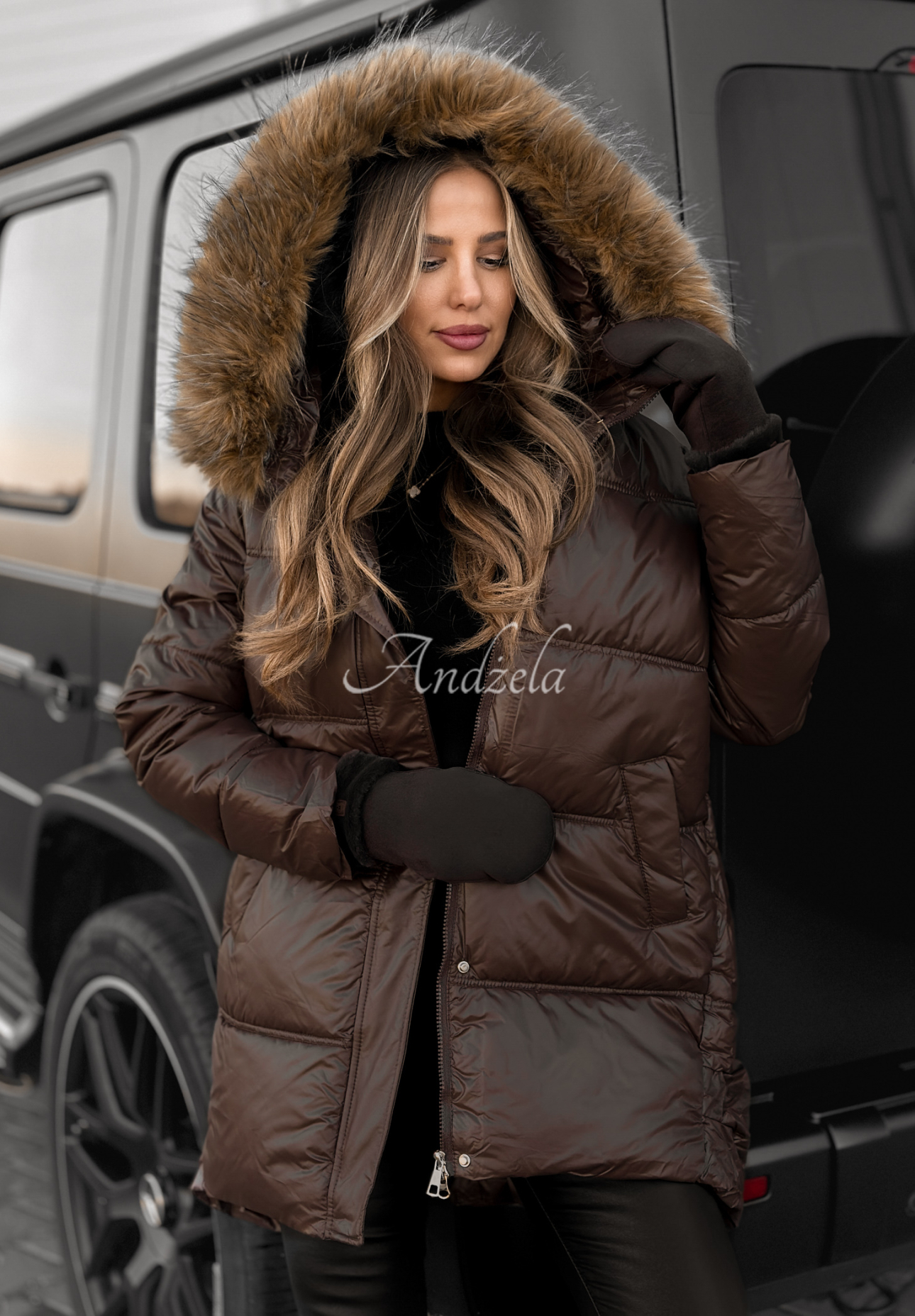 Lange Steppjacke Happy Season Schokoladenbraun