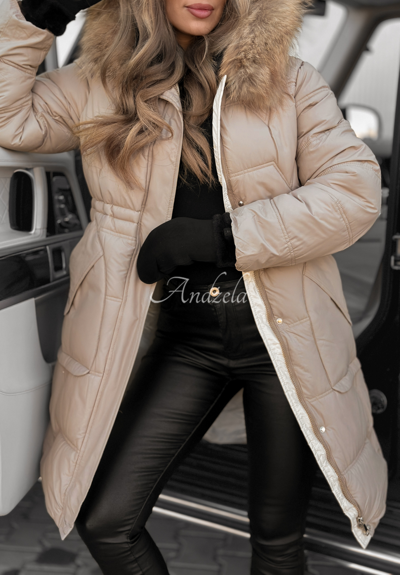 Lange Steppjacke Rivia Dunkelbeige