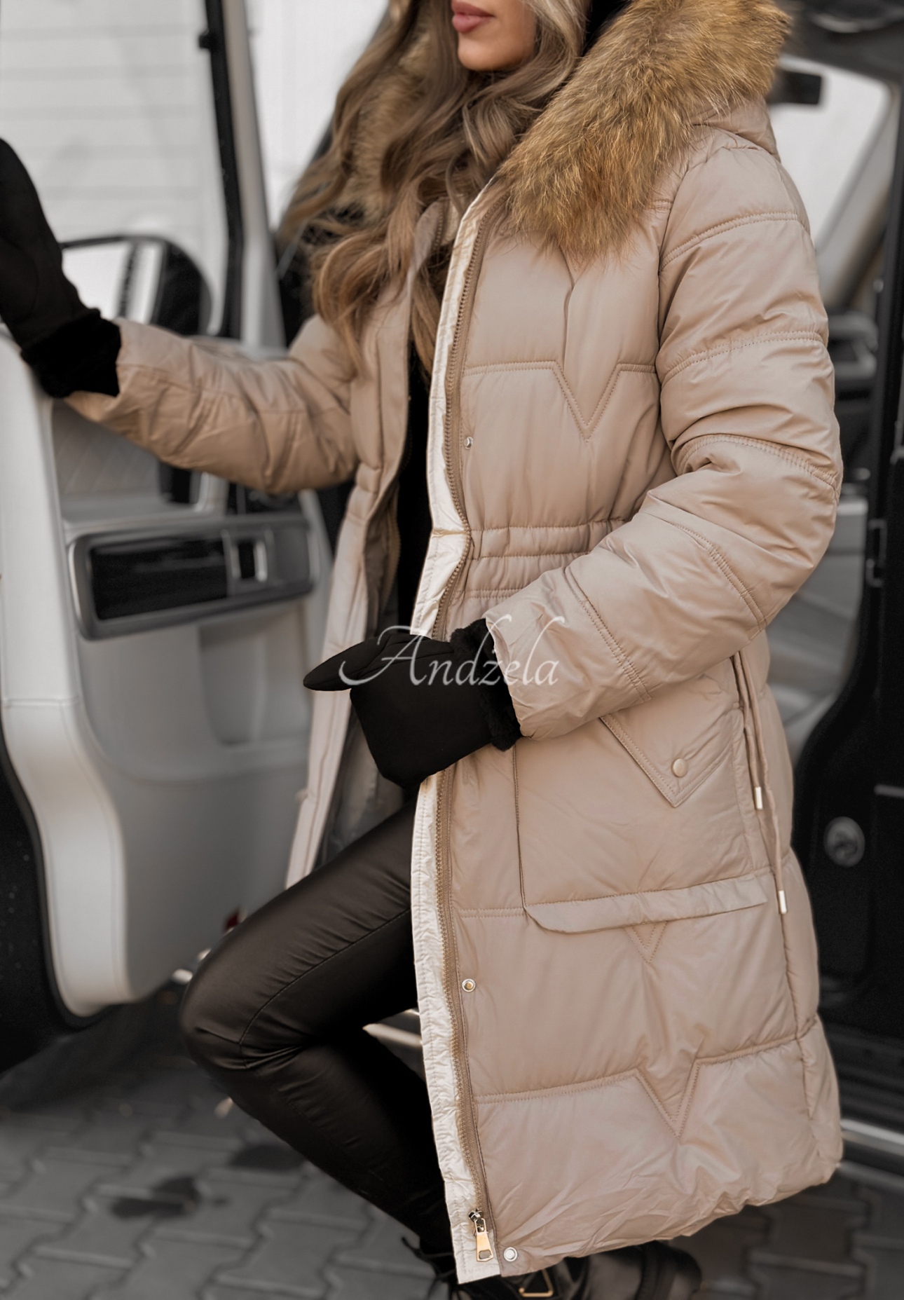 Lange Steppjacke Rivia Dunkelbeige