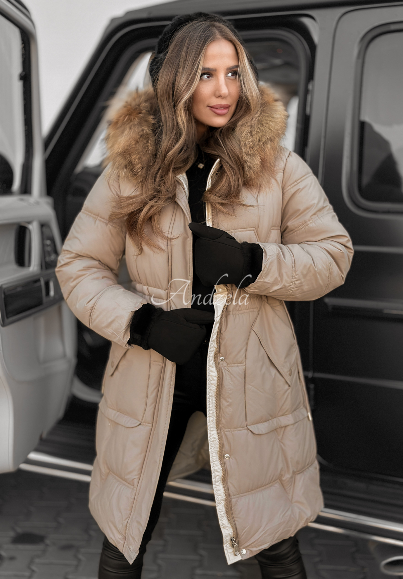 Lange Steppjacke Rivia Dunkelbeige