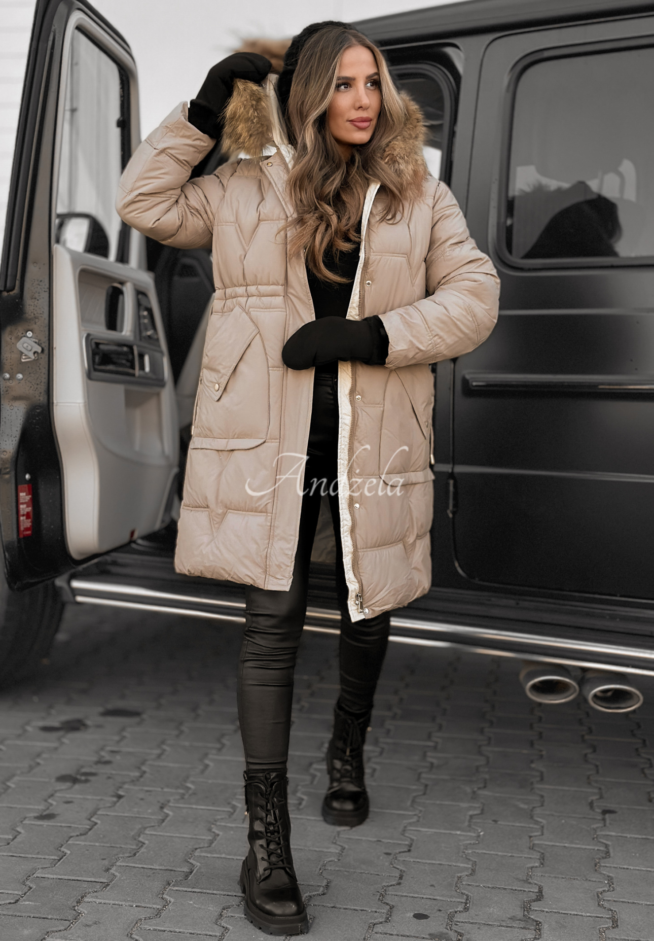 Lange Steppjacke Rivia Dunkelbeige