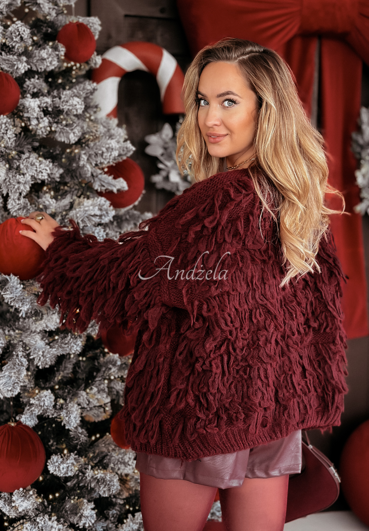 Kurzer Cardigan mit Fransen Fringe Burgunderrot