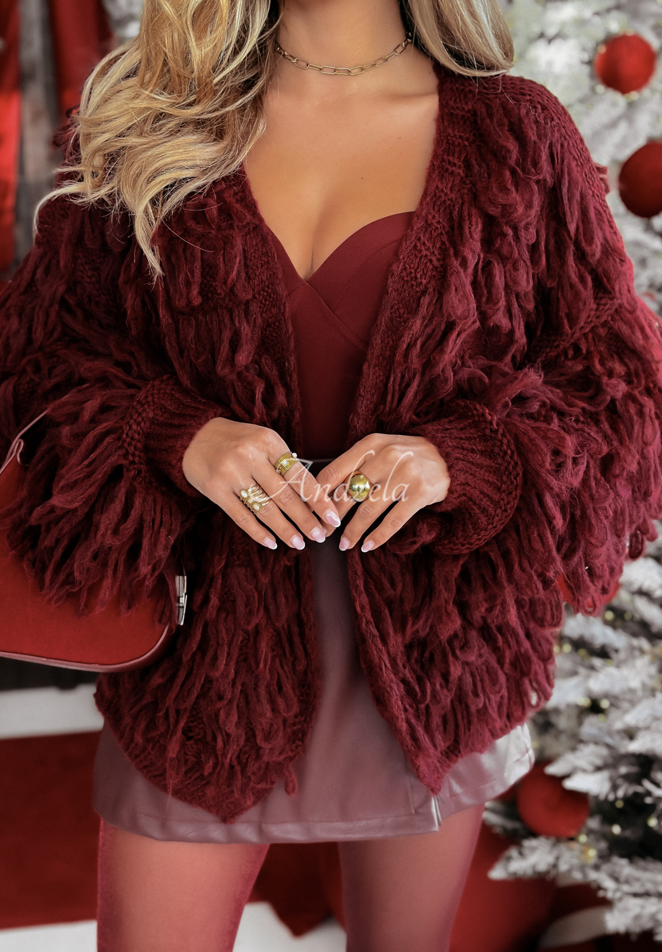 Kurzer Cardigan mit Fransen Fringe Burgunderrot