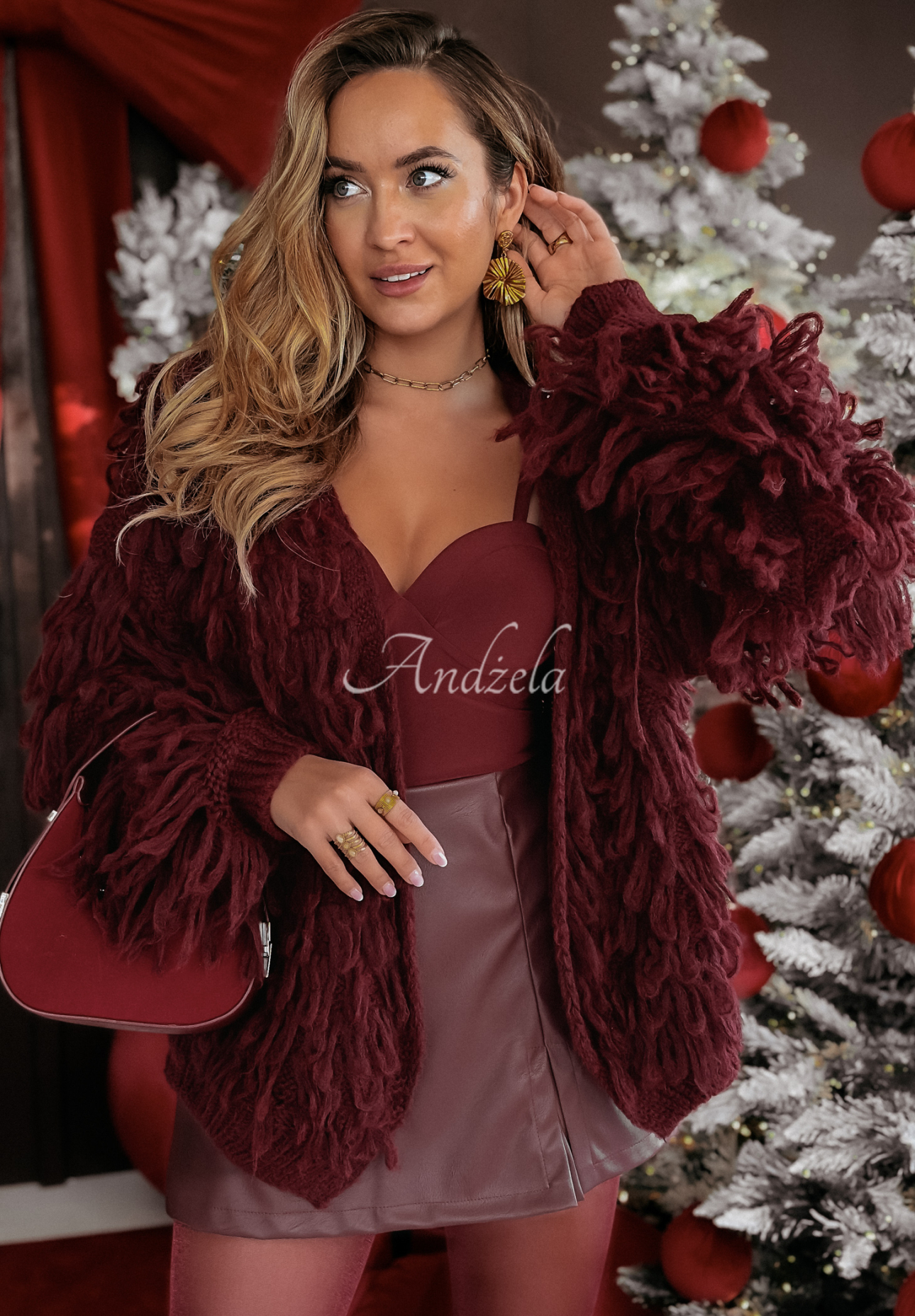 Kurzer Cardigan mit Fransen Fringe Burgunderrot