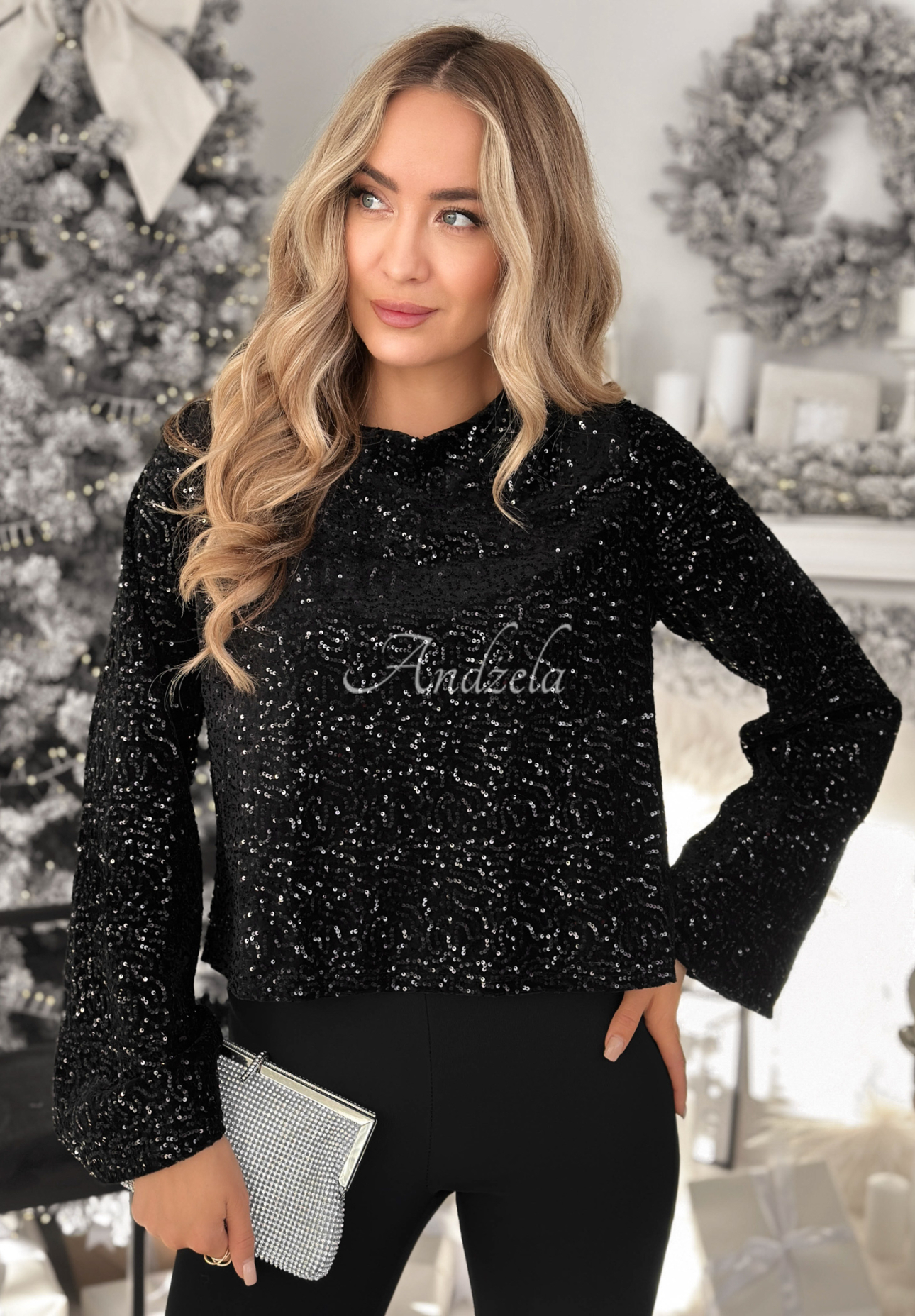 Pailletten-longsleeve Bluse The Mistletoe Lady Schwarz