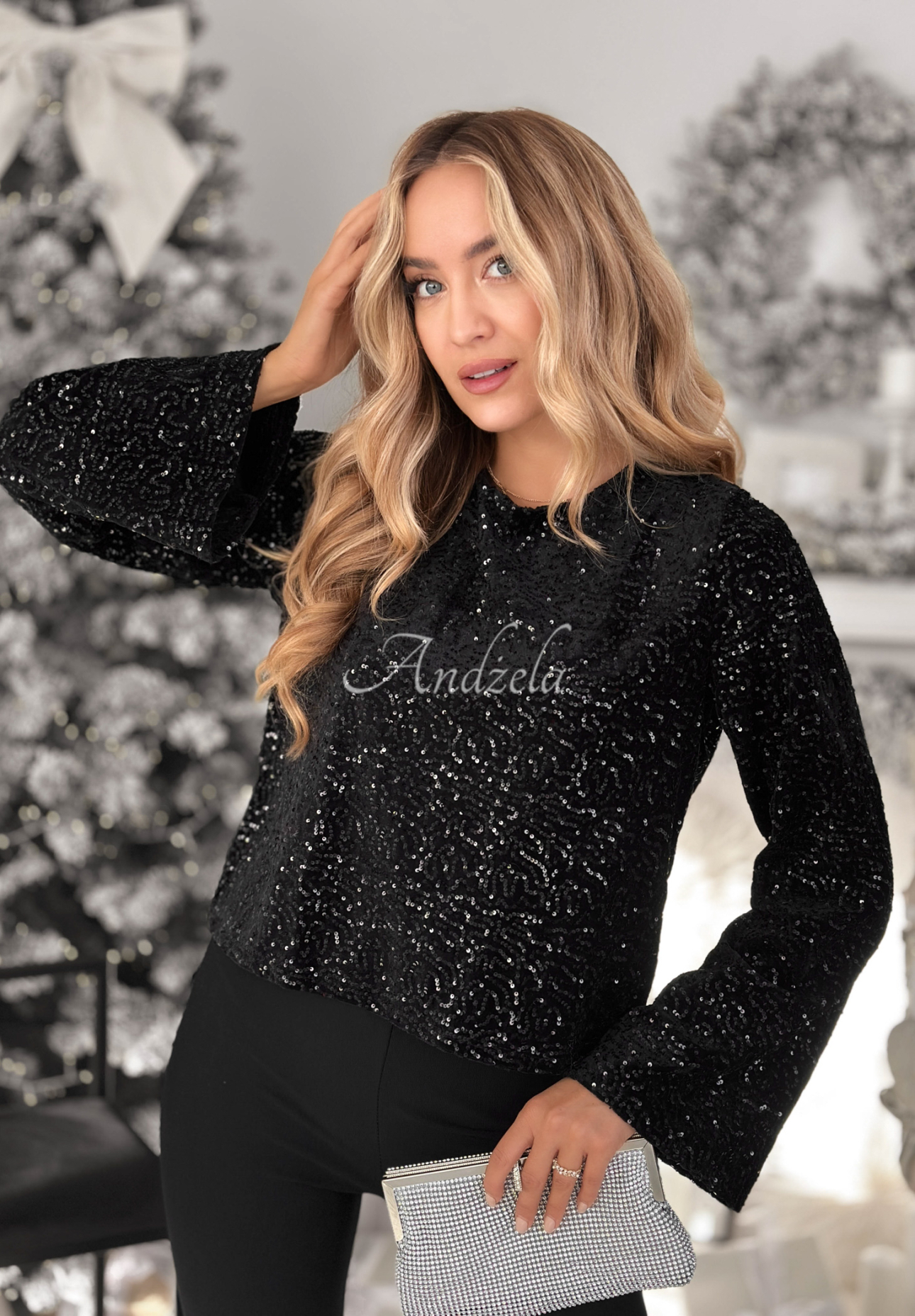 Pailletten-longsleeve Bluse The Mistletoe Lady Schwarz