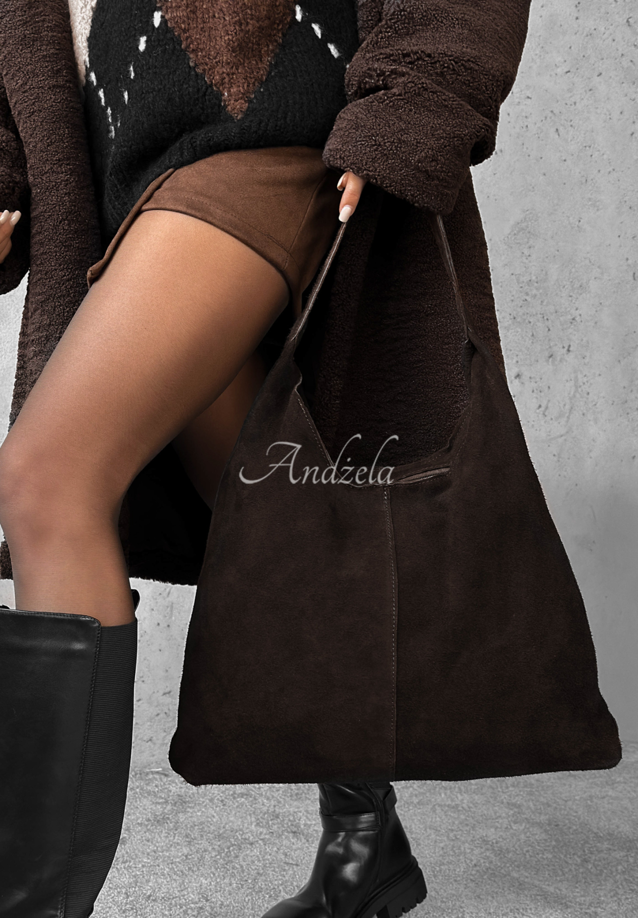 In The Shade chocolate suede handbag
