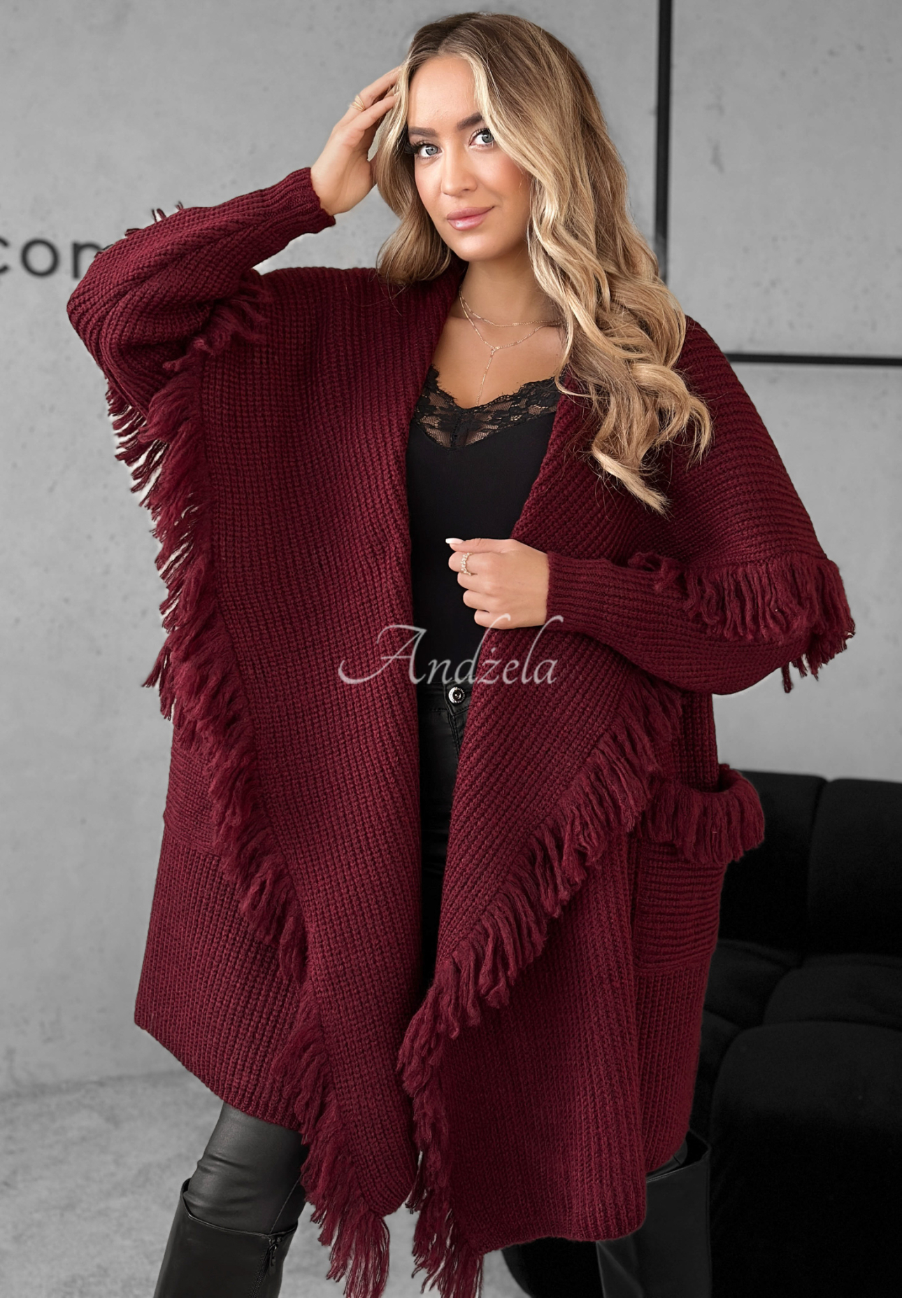 Langer Cardigan mit Fransen Forget My Name Burgunderrot