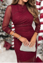 Siateczkowa Kleid z marszczeniem i dżetami Lights On Me Burgunderrot