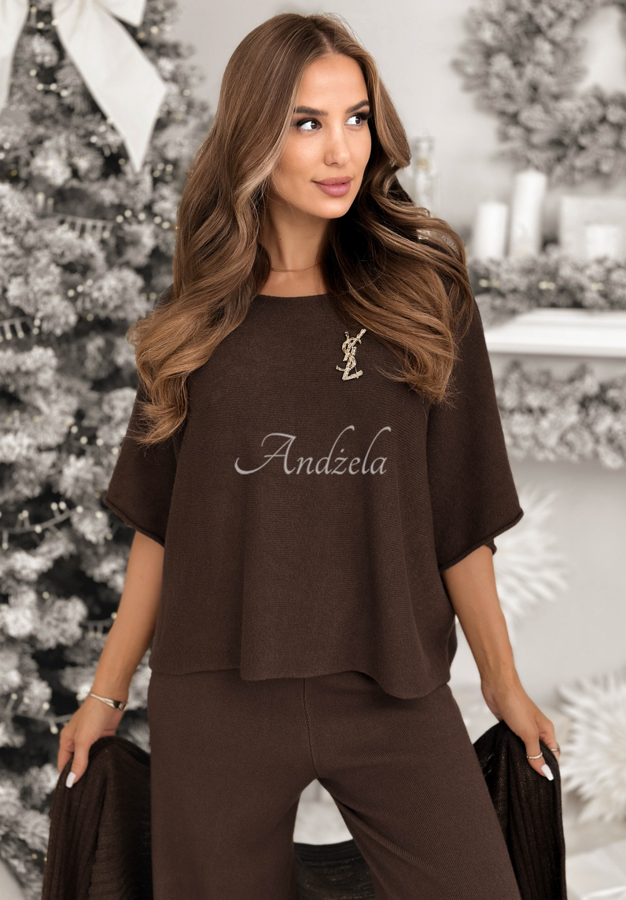 Strickset Bluse und Hose aus Viskose Can&#039;t Talk Schokoladenbraun